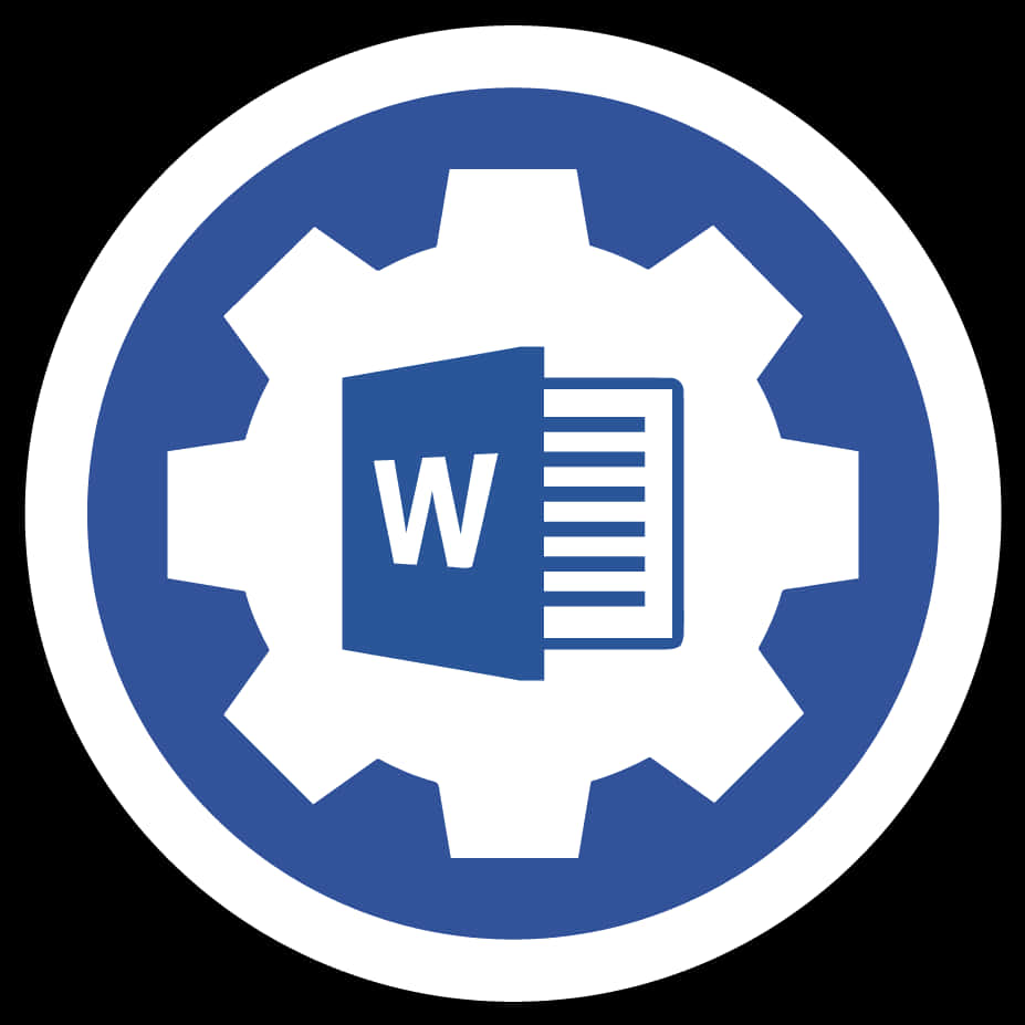 Microsoft Word齒輪標誌 壁紙 — 一個藍白圓形圖示，內有齒輪和 Microsoft Word 文件符號。