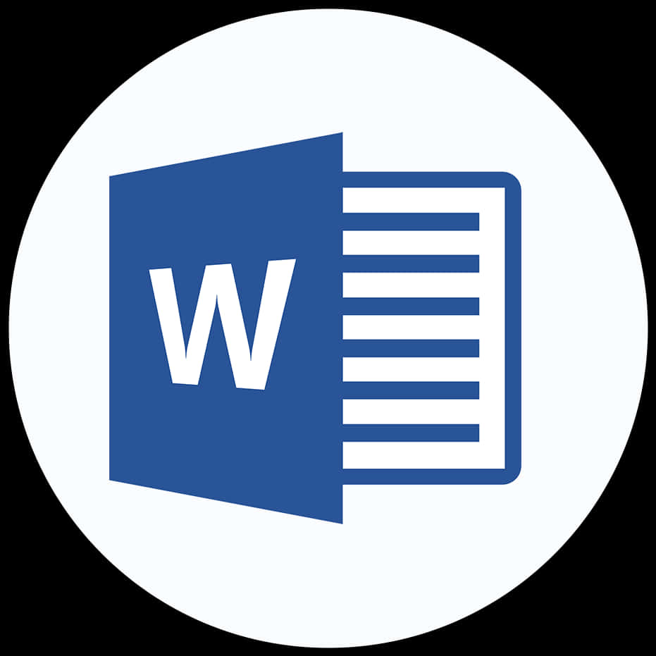 Microsoft Word標誌 壁紙 — 一個藍色嘅Microsoft Word標誌圖示，上面有白色嘅「W」同文件線條，喺白色圓形背景上，對住黑色背景。