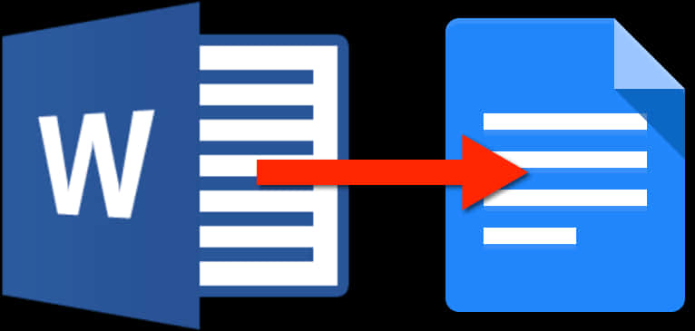 Microsoft Word 標誌演變 壁紙 — 藍色Microsoft Word圖示，紅色箭頭指向黑色背景上的藍色Google Docs圖示。