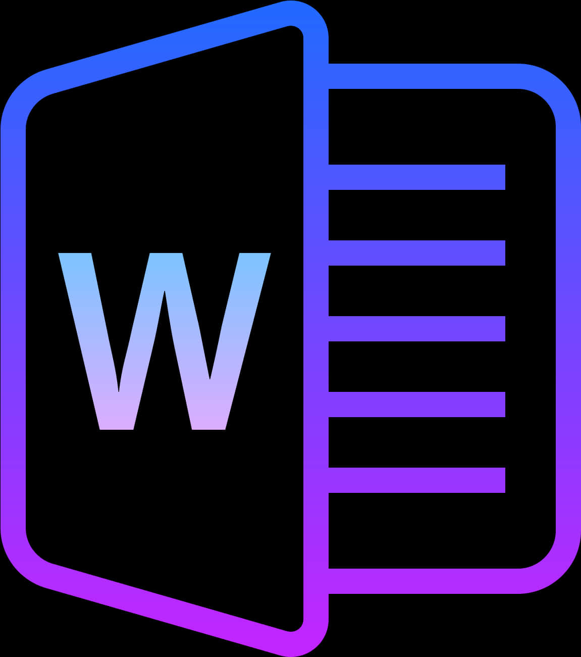 Microsoft Word標誌2021 壁紙 — 一個發光的藍色和紫色漸變 Microsoft Word 圖標，帶有粗體 W 和文件線條，背景為黑色。