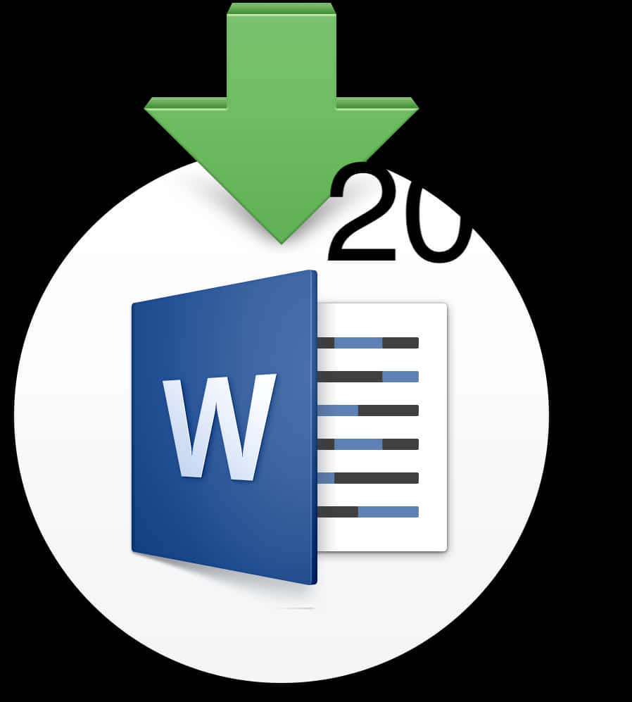 Microsoft Word下載圖示 壁紙 — 一個綠色下載箭頭懸浮在Microsoft Word圖示和一個帶有藍色線條的文件上方，背景為白色圓形。
