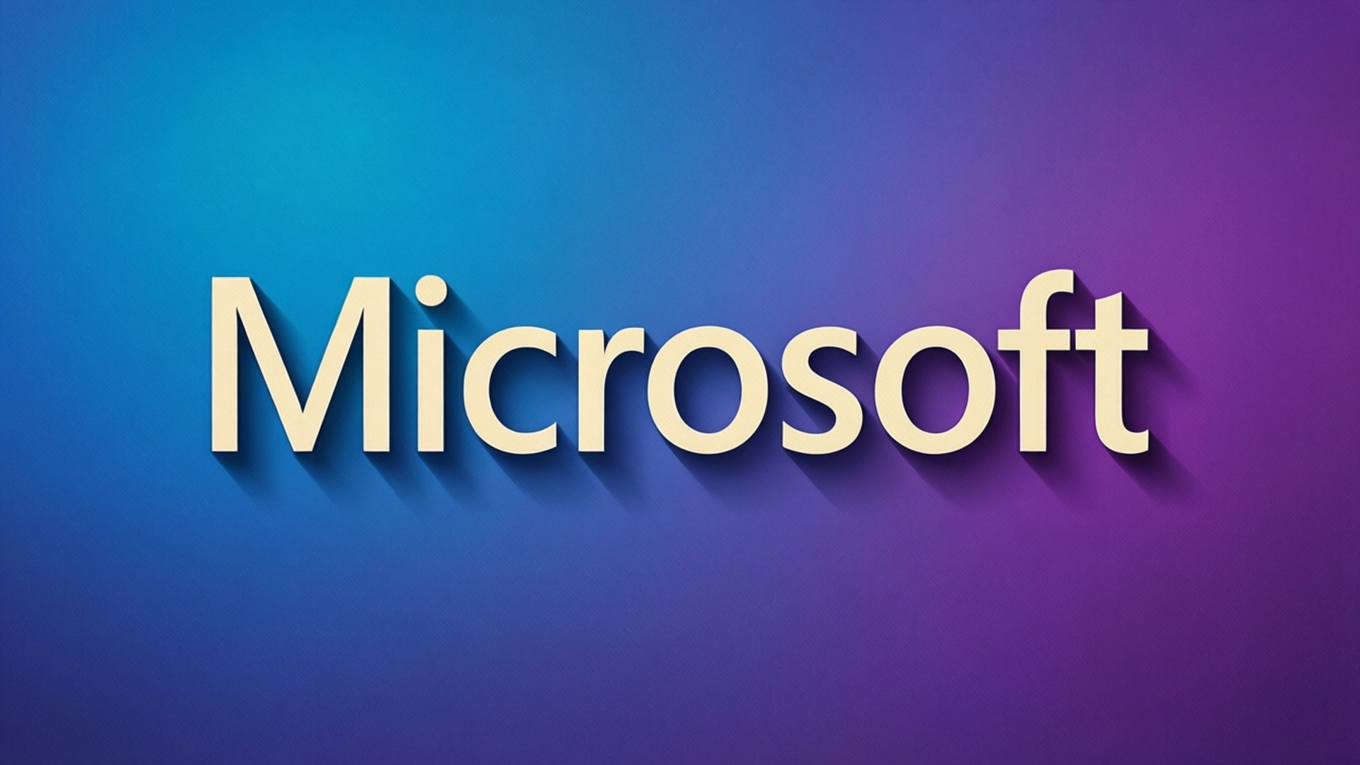 Microsoft 字體設計 壁紙 — 微軟標誌以奶油色3D字體呈現，在藍色到紫色的漸變背景上投下柔和陰影。