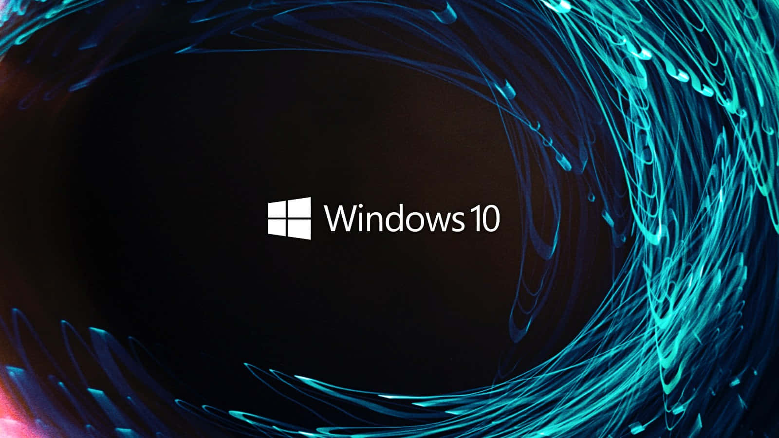 Windows 10 標誌被旋轉的藍色和青綠色數位光跡包圍。