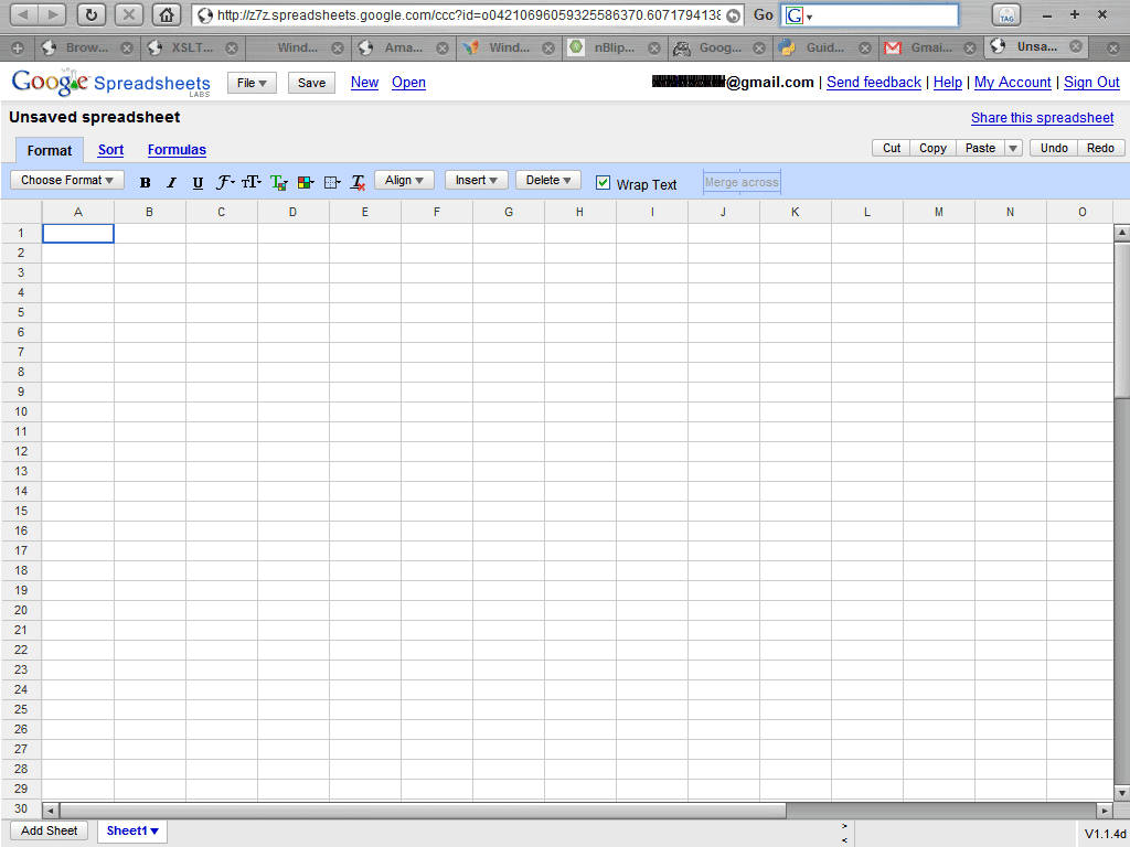 Microsoft 電子表格電腦程式 壁紙 — 瀏覽器中打開的空白 Google Sheets 試算表，顯示空白網格和工具列。