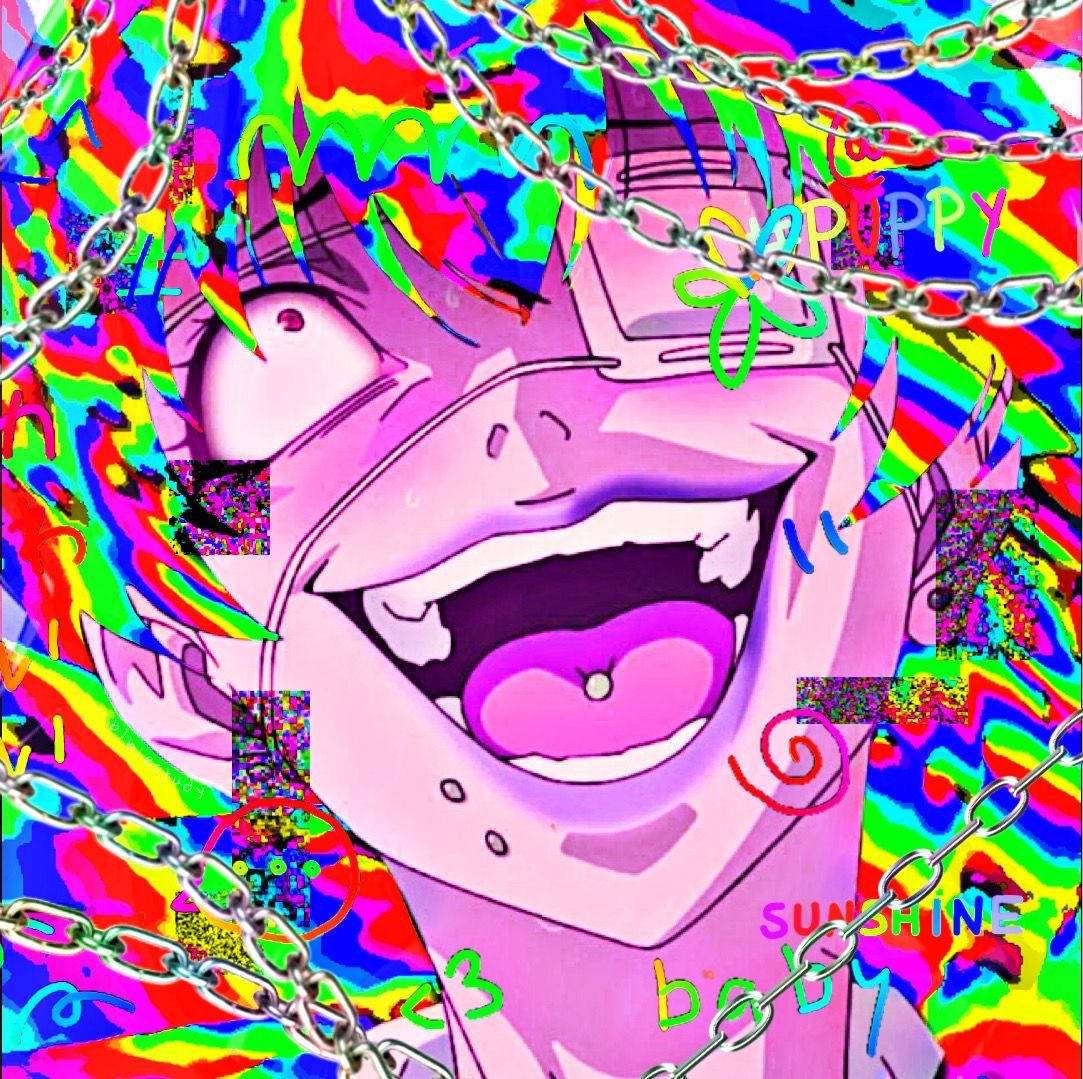 在彩虹故障背景上，一個帶著燦爛笑容和鎖鏈的動漫角色。