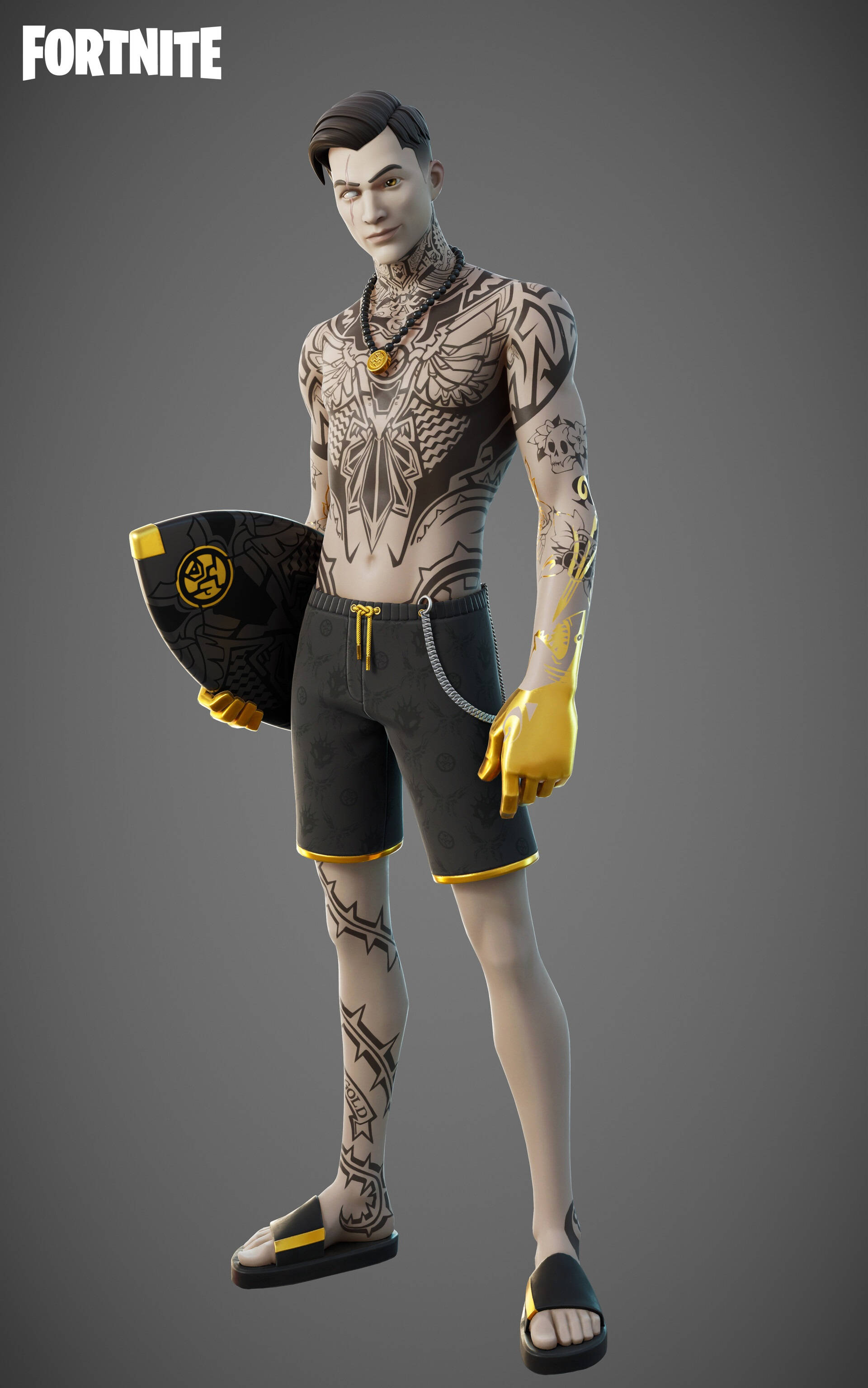 Midas《Fortnite》夏日衝浪皮膚 壁紙 — 一個Fortnite角色，身上有複雜的黑金紋身，站在純灰色背景前，手持衝浪板。