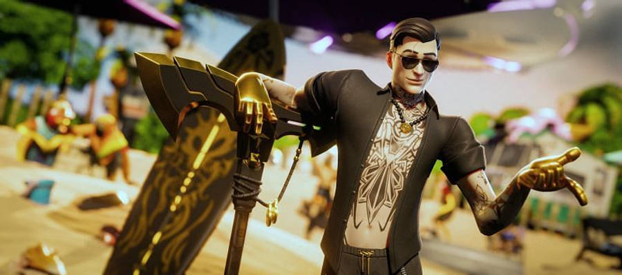 Midas《Fortnite》夏日 壁紙 — 一個時尚的動畫角色，帶有紋身和太陽眼鏡，在充滿活力的遊戲競技場中手持金色斧頭。