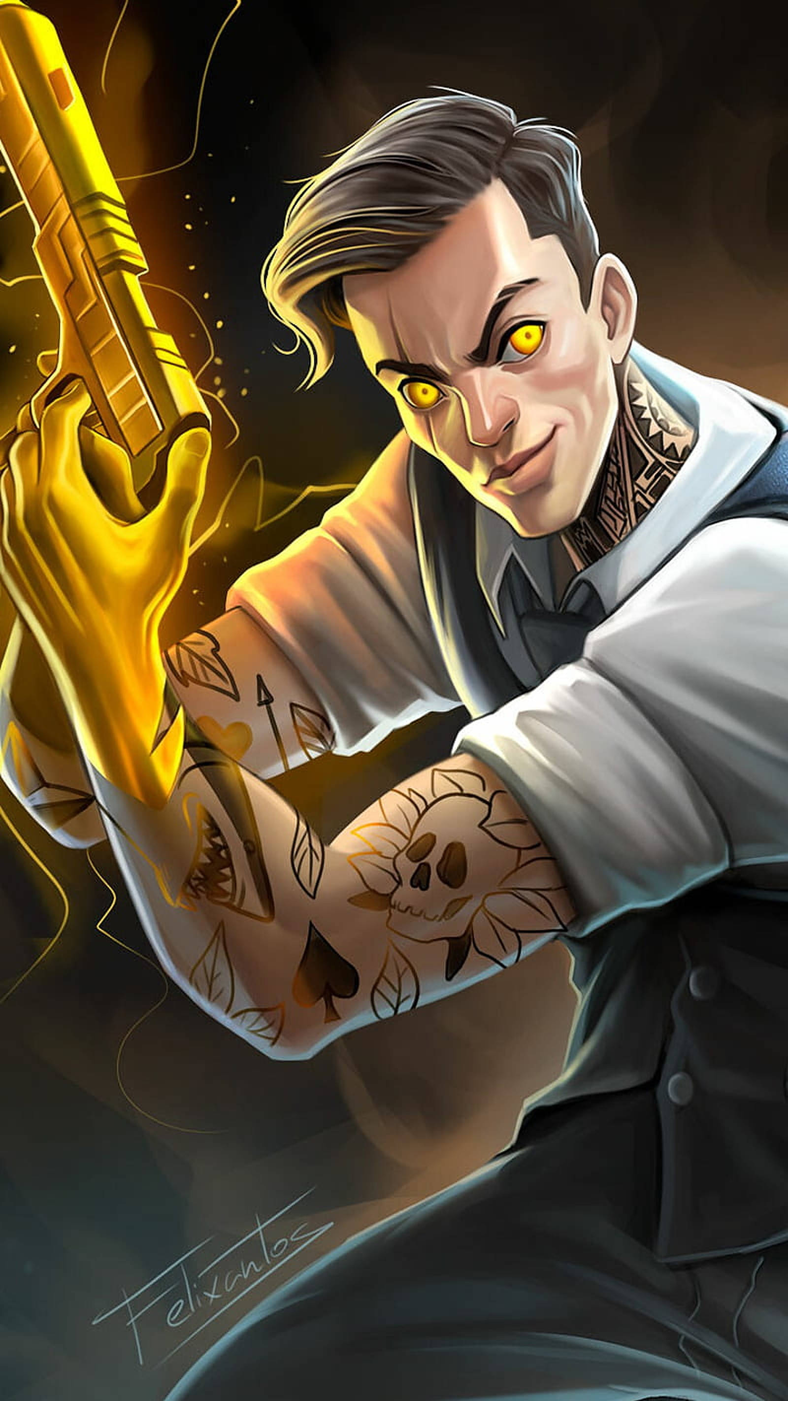 Midas《Fortnite》數位藝術 壁紙 — 一個帶有發光黃色眼睛和紋身手臂的威脅性動漫風格男子，在黑暗煙霧背景中揮舞著金色槍支。