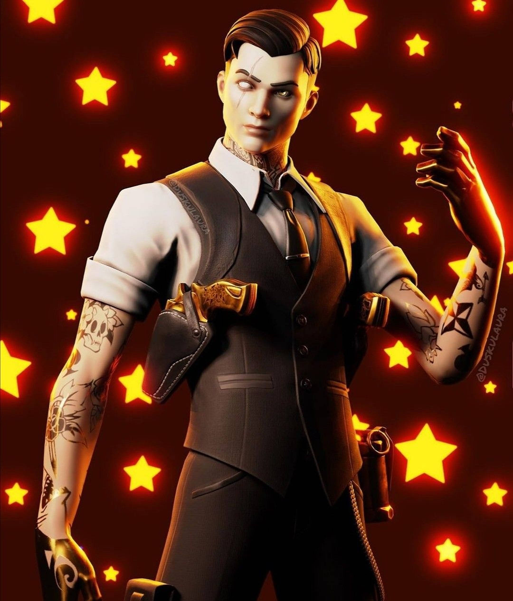 Midas《Fortnite》星際背景 壁紙 — 一個有紋身和背心的風格化男性角色站在發光的星空背景前。