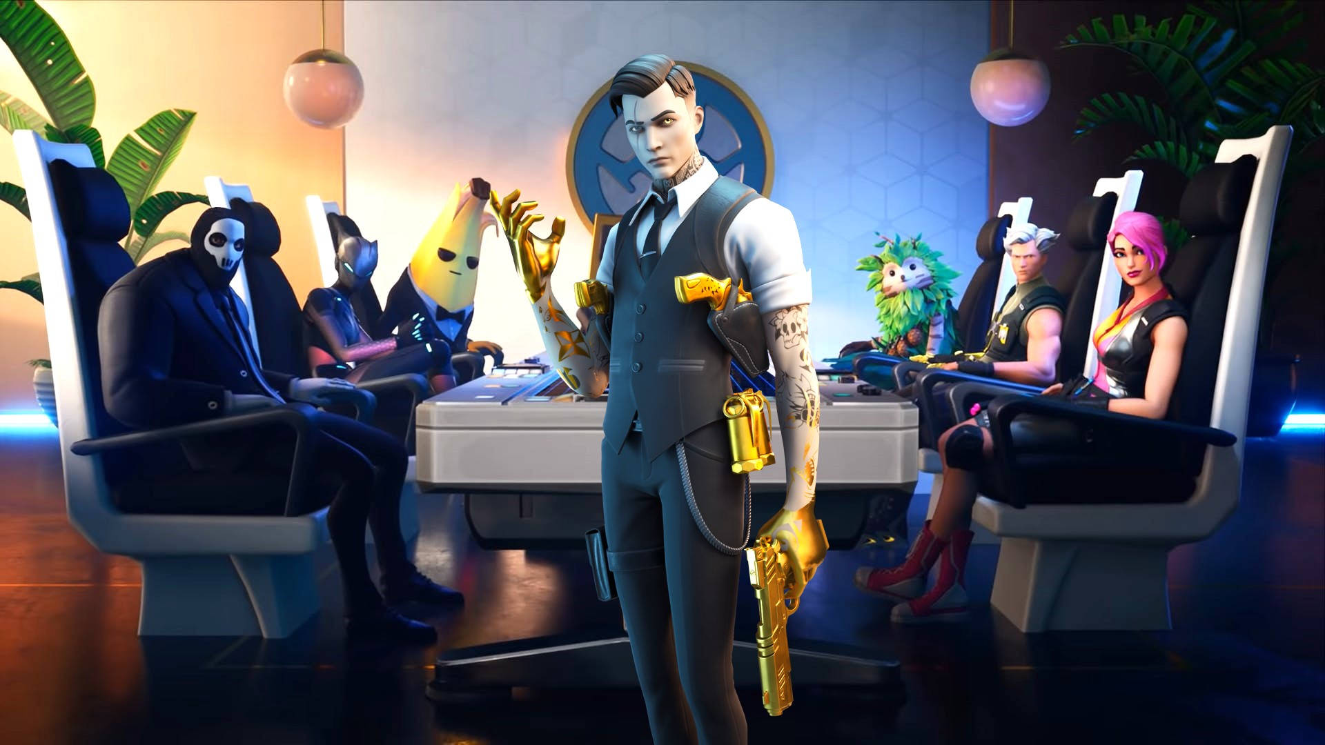 Midas《Fortnite》會議場景 壁紙 — 一群 Fortnite 角色在一個時尚的未來主義會議室中，配有發光的燈光和熱帶植物。