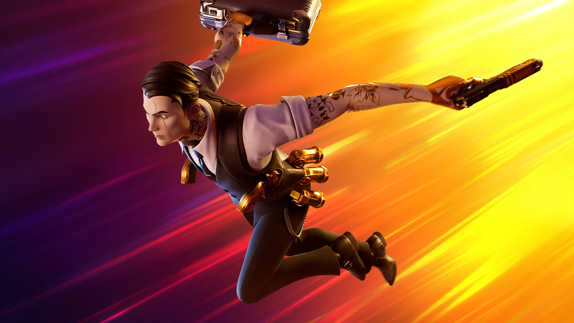 Midas《Fortnite》漸層藝術 壁紙 — 一個穿著西裝和紋身的風格化角色，在充滿活力的漸變天空中翱翔，手持公事包和手槍。