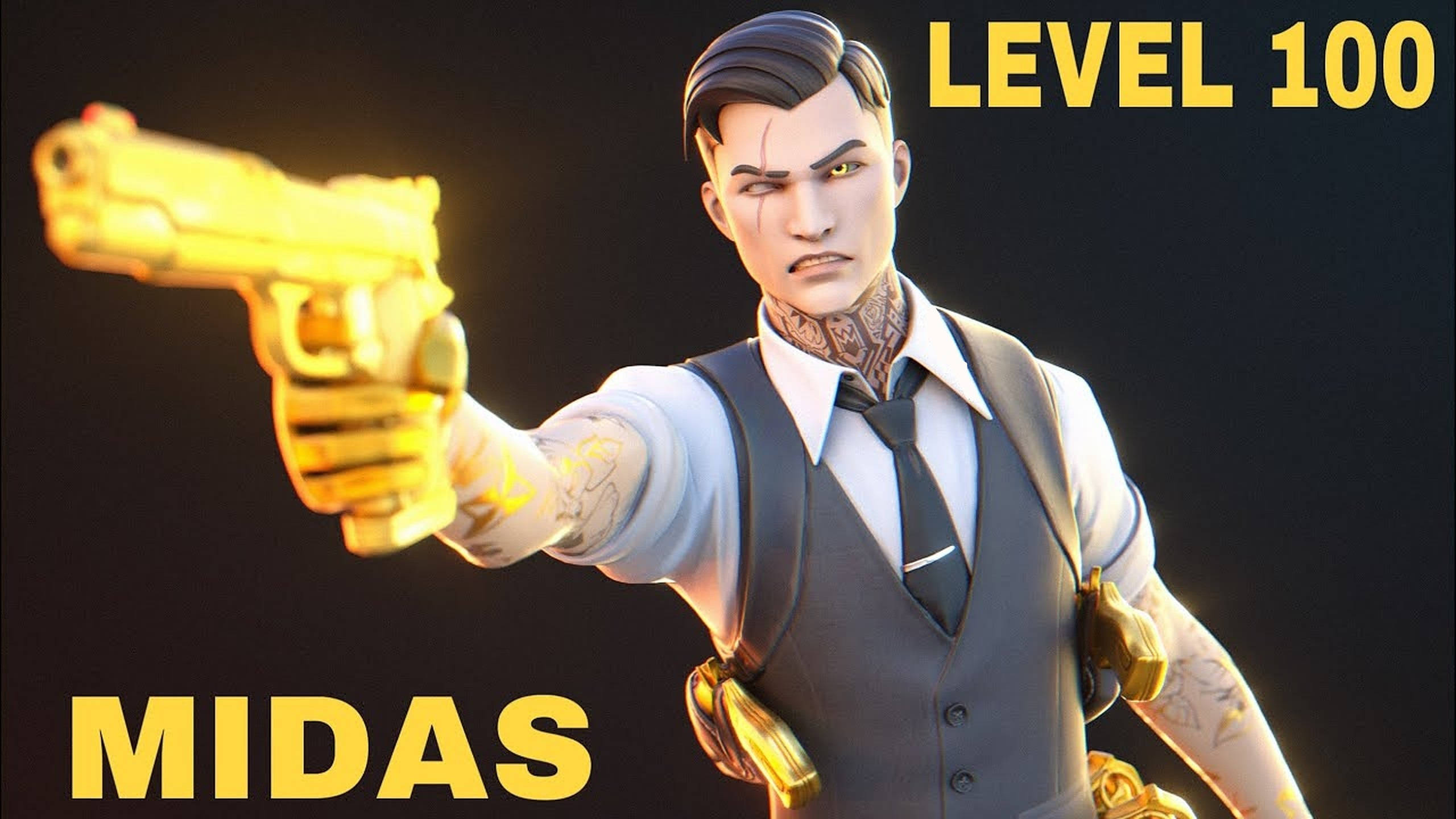 Midas《Fortnite》等級100 壁紙 — 一個風格化的電子遊戲角色名為Midas，在黑暗背景中瞄準一把發光的金色手槍，並帶有'LEVEL 100'文字。