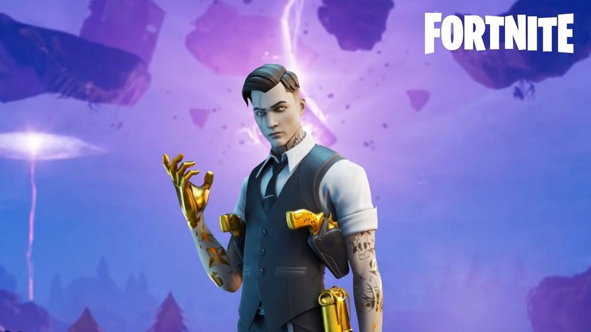 Midas《Fortnite》紫色閃電 壁紙 — 一個擁有金色雙手和紋身的Fortnite角色，站在紫色天空下，背景有浮石和閃電。