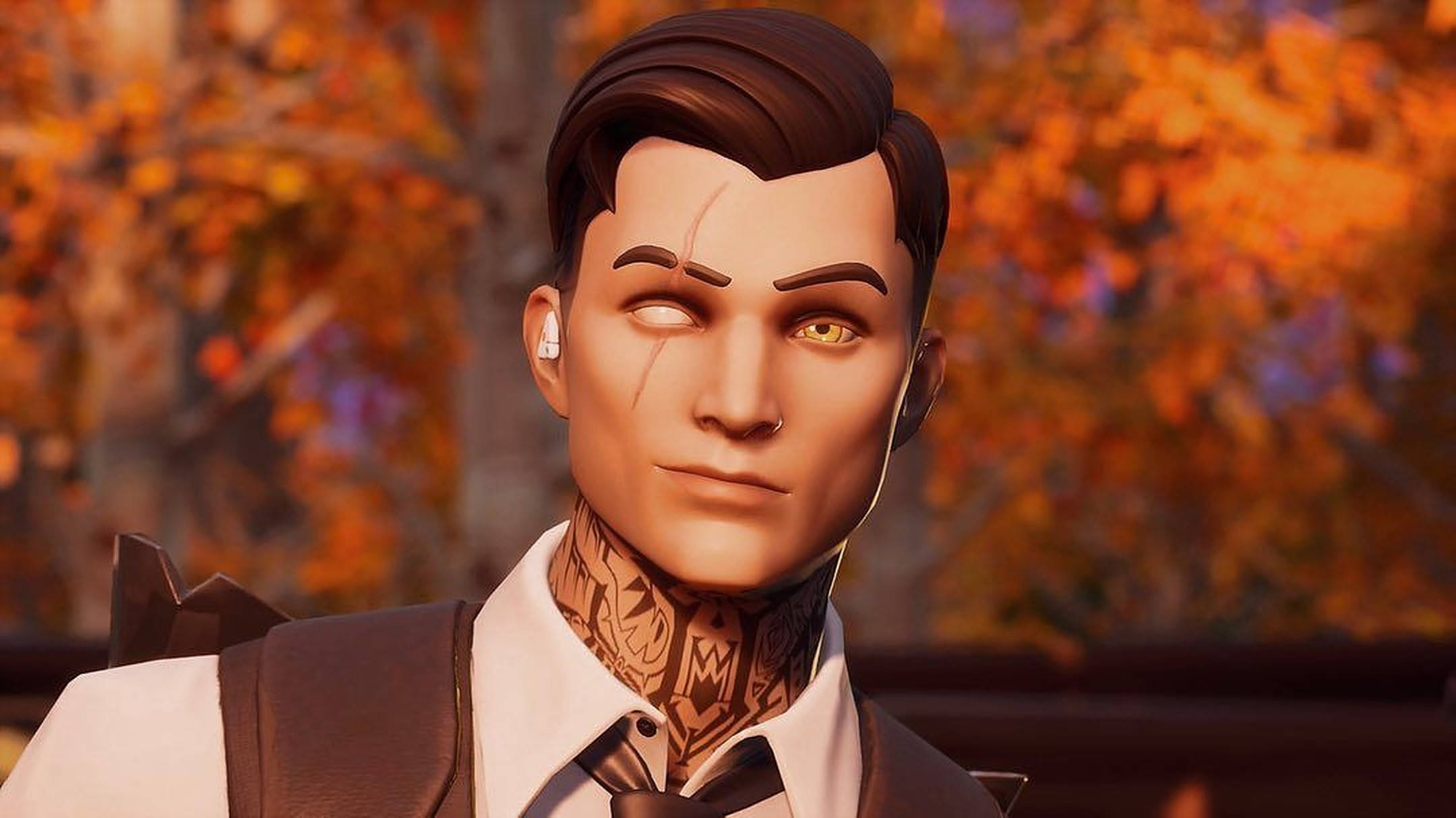 Midas《Fortnite》肖像 壁紙 — 一個風格化的男性角色，擁有金色眼睛和頸部紋身，站在充滿活力的秋葉背景前。