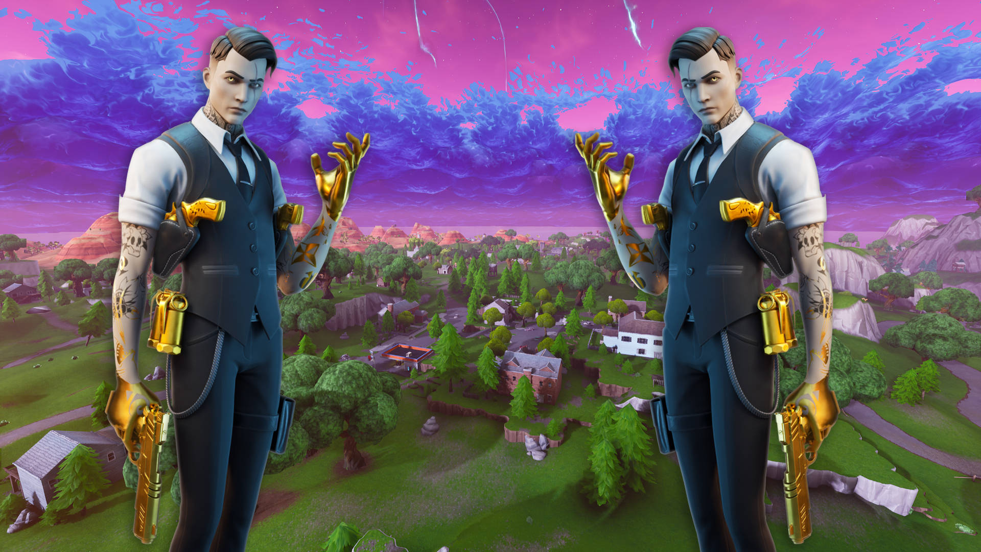Midas《Fortnite》角色海報 壁紙 — 兩個穿著西裝、手持金色槍械的相同Fortnite角色，站在一個色彩繽紛的村莊之上，背景是超現實的紫色天空。