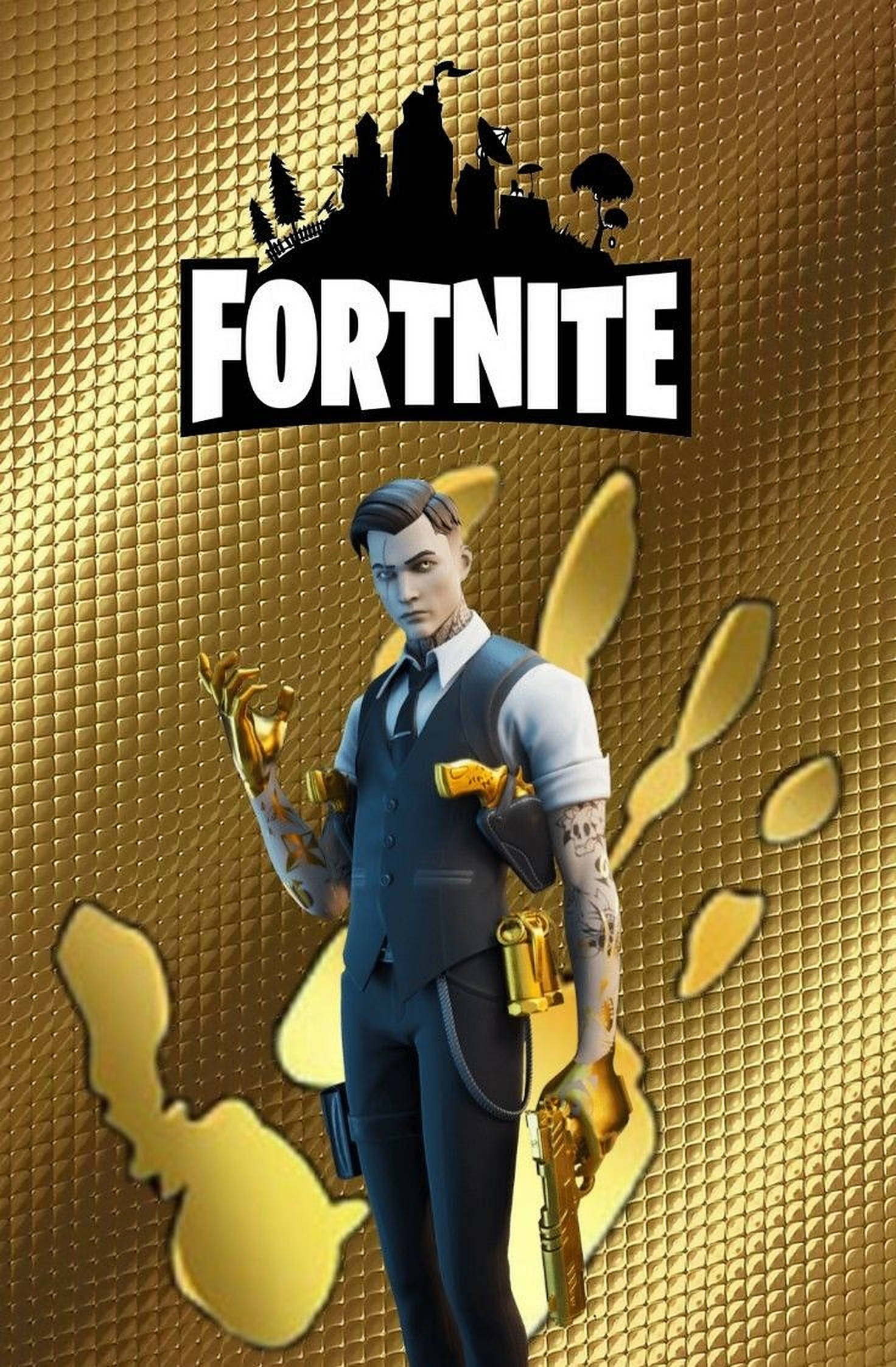 Midas《Fortnite》金色掌印 壁紙 — 一個穿著西裝的Fortnite角色在帶有城市剪影標誌的紋理金色背景前手持金色武器。