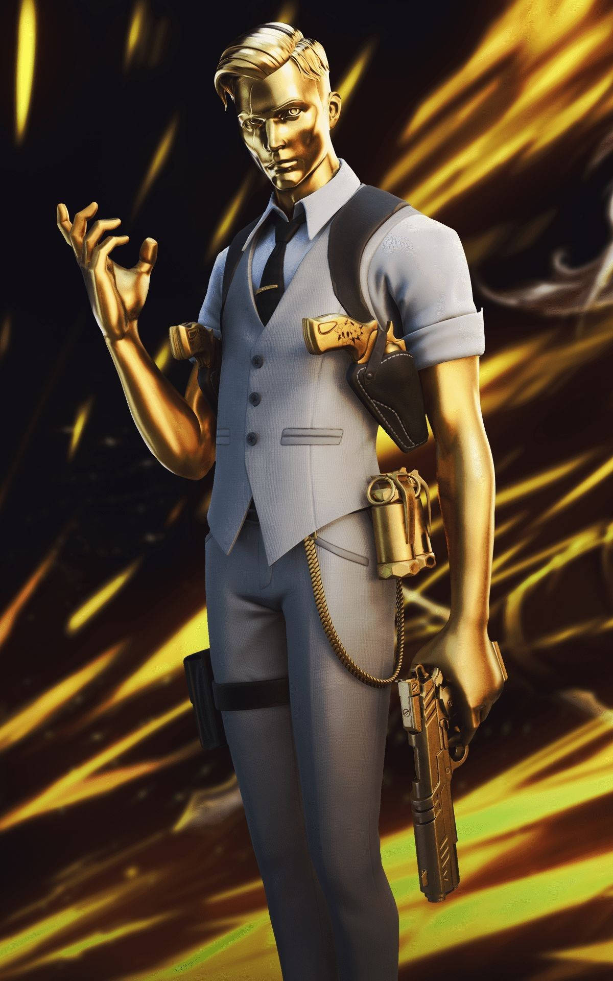 Midas《Fortnite》金色角色 壁紙 — 金色皮膚的警察穿著淺藍色制服，在動態的黃色和黑色背景前持槍。