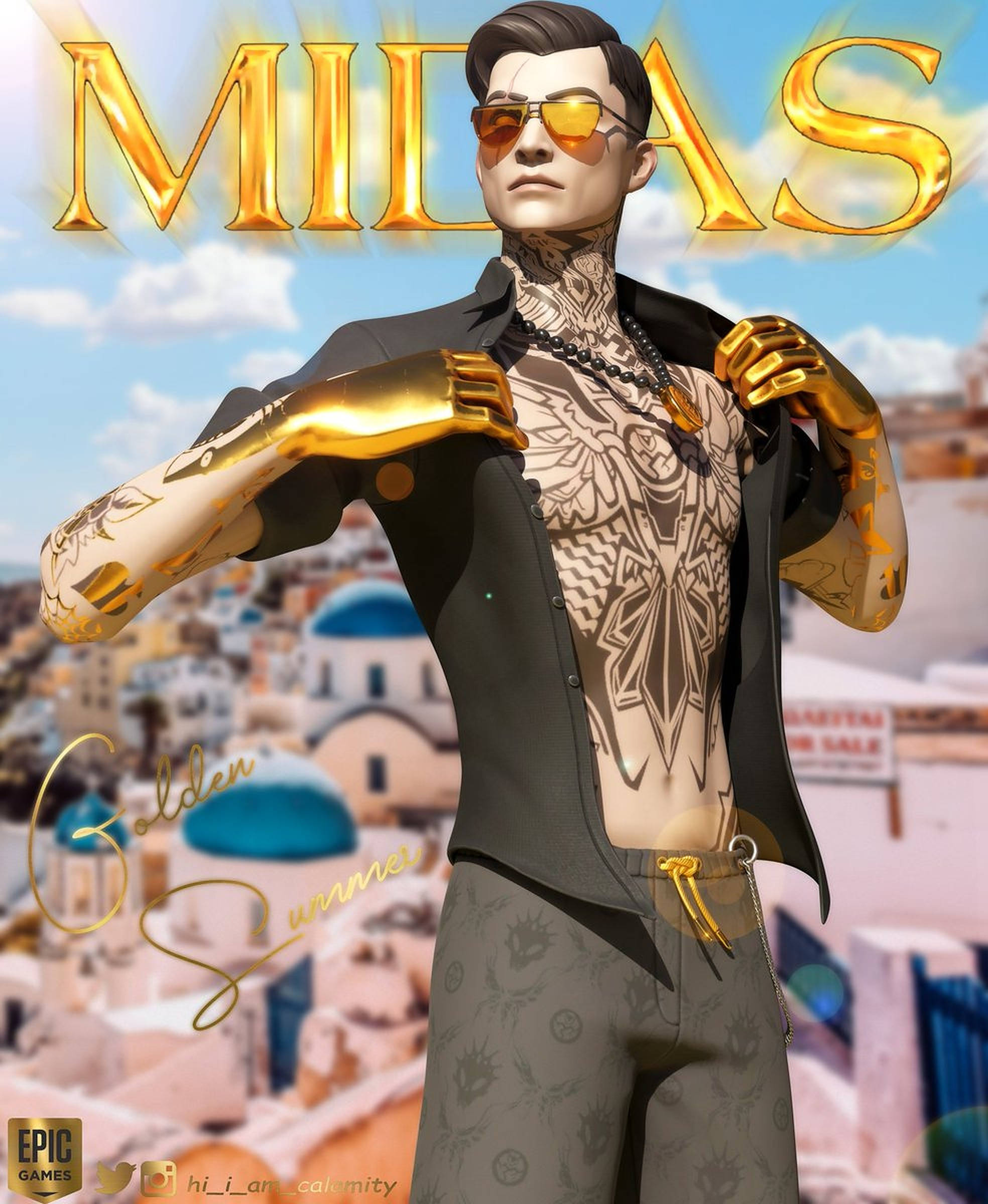 Midas《Fortnite》金色夏日 壁紙 — 一個身穿金色盔甲、有紋身和戴太陽眼鏡的男人，自信地站在陽光普照的地中海小鎮背景下。