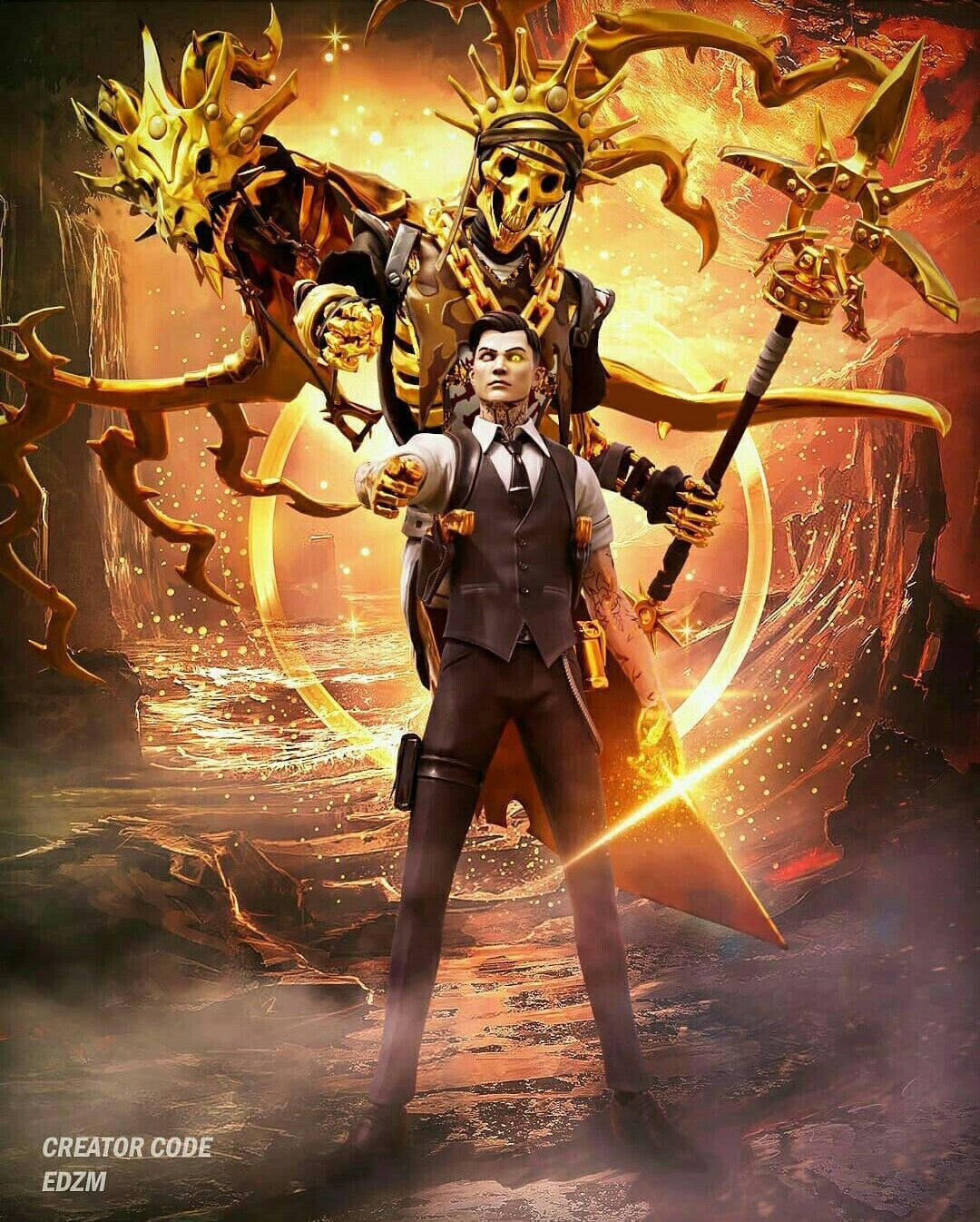 Midas《Fortnite》金色骷髏造型 壁紙 — 一名穿西裝的男子揮舞著發光的劍，而一頭金色骷髏巨龍在他身後若隱若現，構成熾熱的奇幻場景。