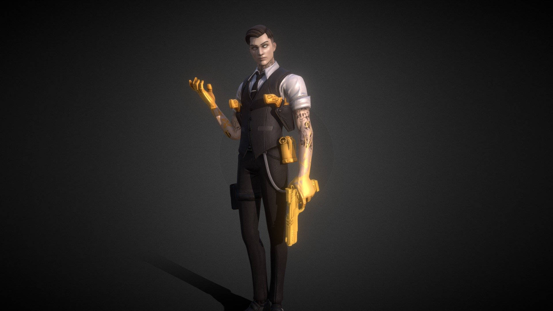 Midas《Fortnite》金色手槍 壁紙 — 一個風格化的男性角色，身穿深色西裝，配備發光的黃色科技裝備，自信地站在漸變灰色背景前。