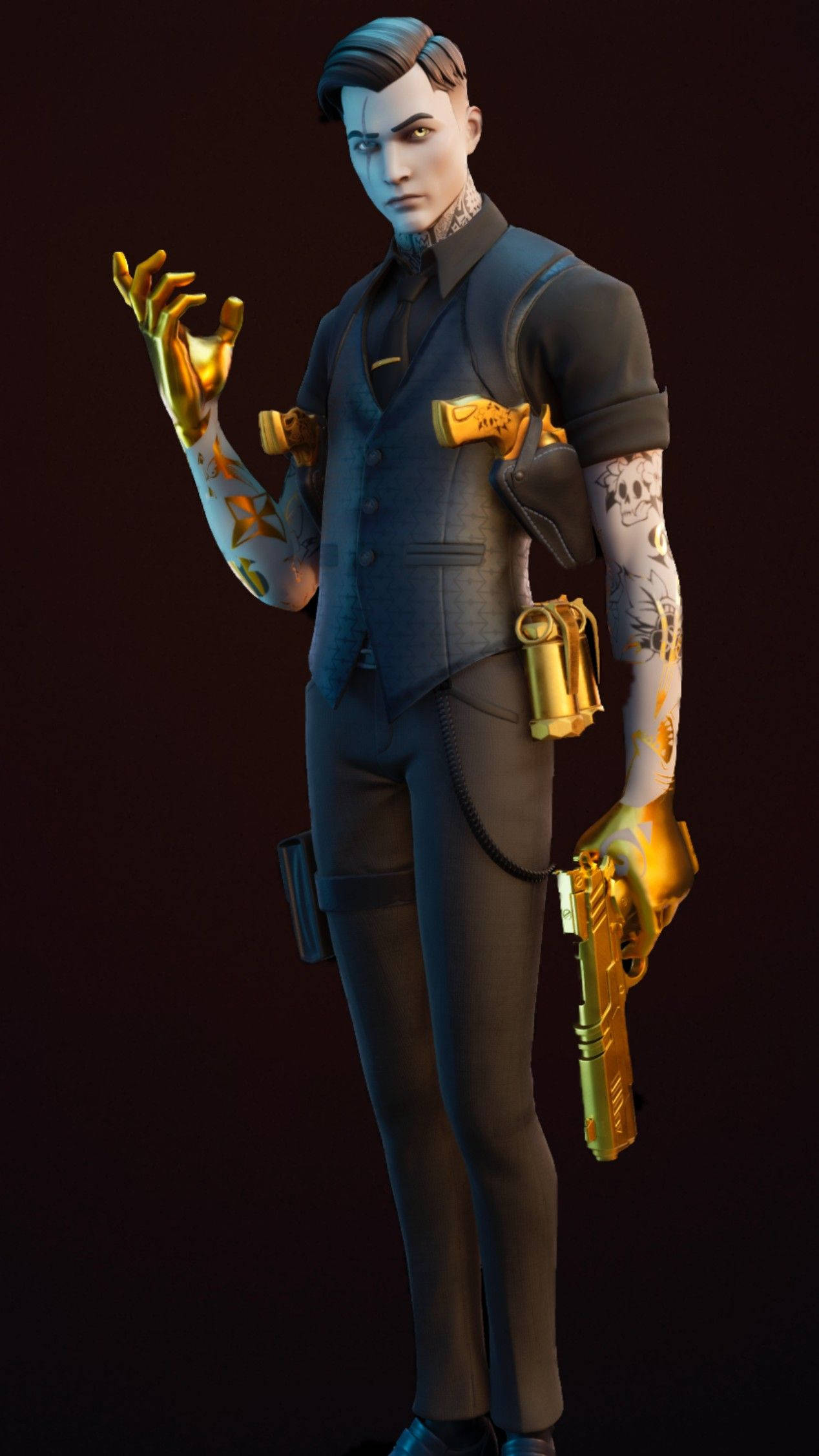 Midas《Fortnite》黑色禮服 壁紙 — 一個風格化的男性角色，身穿深色西裝，擁有金色機械臂和紋身，自信地站在黑色背景前。