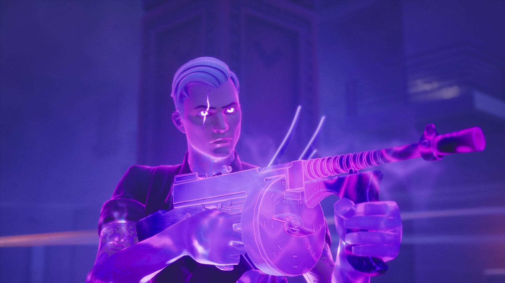 Midas《Fortnite》鼓槍武器 壁紙 — 一個發光的紫色未來戰士，眼睛發光，在霓虹燈照亮的城市小巷中瞄準高科技武器。