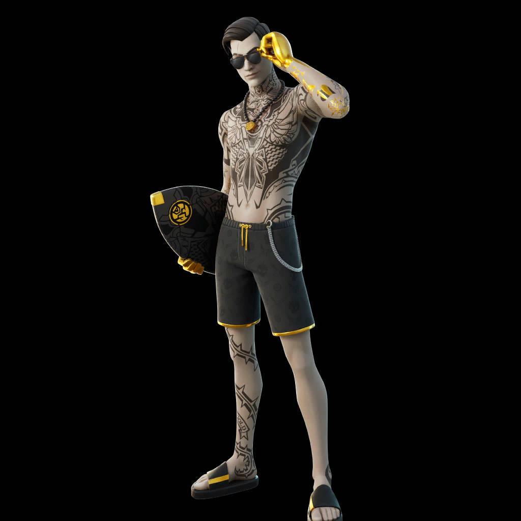 Midas《Fortnite》皮膚配黑色短褲與金色裝飾 壁紙 — 一個有紋身的數碼角色穿著黑色和金色的沙灘裝，在黑色背景前拿著衝浪板敬禮。