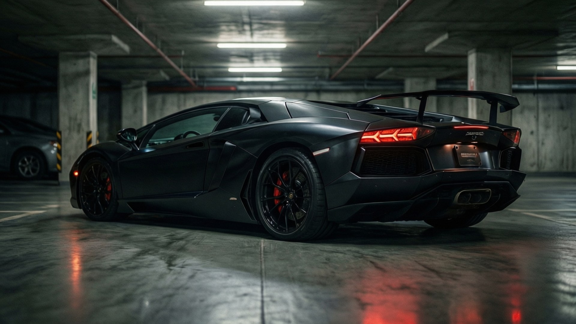 啞光黑色的林寶堅尼Aventador SVJ，帶有紅色尾燈，停在混凝土車庫中。