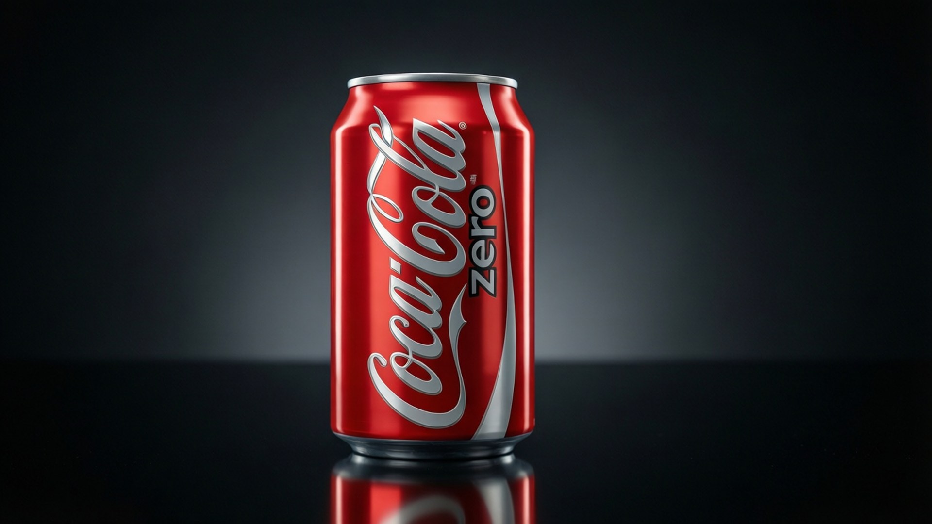 Midnight Coke Zero Can 壁紙 — 一個有光澤的紅色可口可樂零度罐頭，居中放置在反射黑色表面上，背景為深色漸變。