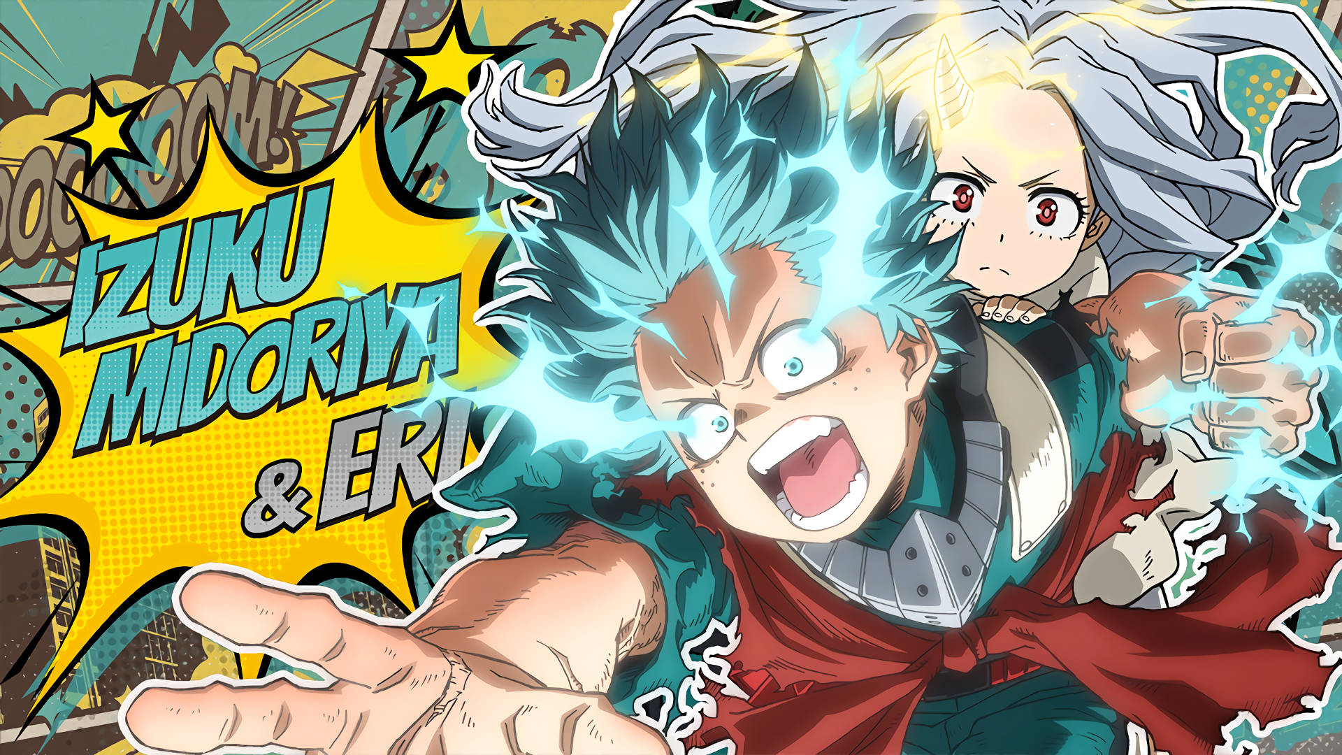 Midoriya 與 Eri 漫畫風格插圖 壁紙 — 兩位動畫英雄在漫畫風格背景前，以強烈表情釋放電能。