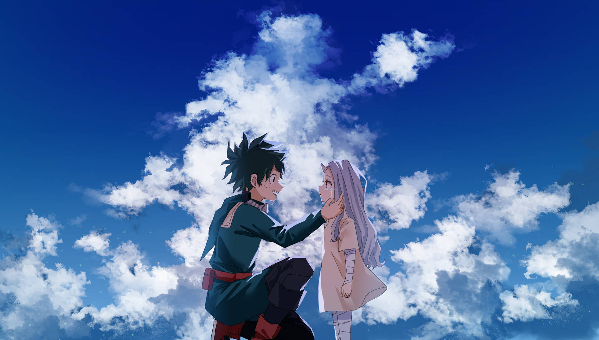 Midoriya 與 Eri 雲天背景 壁紙 — 兩個動漫角色在充滿蓬鬆白雲的鮮豔藍天下分享溫馨時刻。
