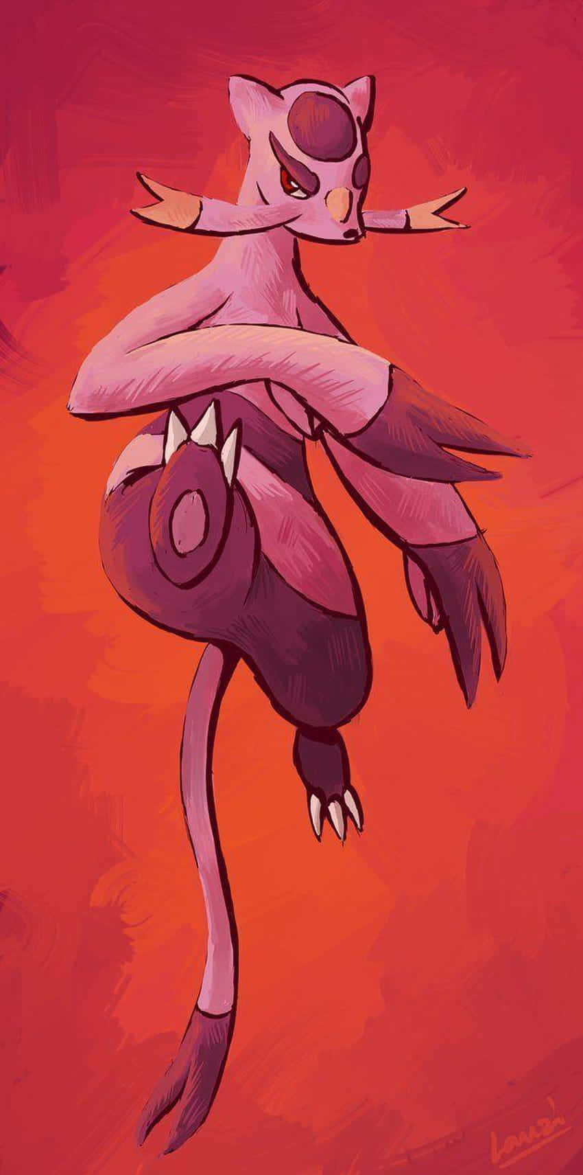 Mienshao 紅色漸層背景 壁紙 — 一隻風格化的粉紅色和紫色貓科生物，擁有鋒利的爪子和長尾巴，在火紅色的背景前動態地擺姿勢。