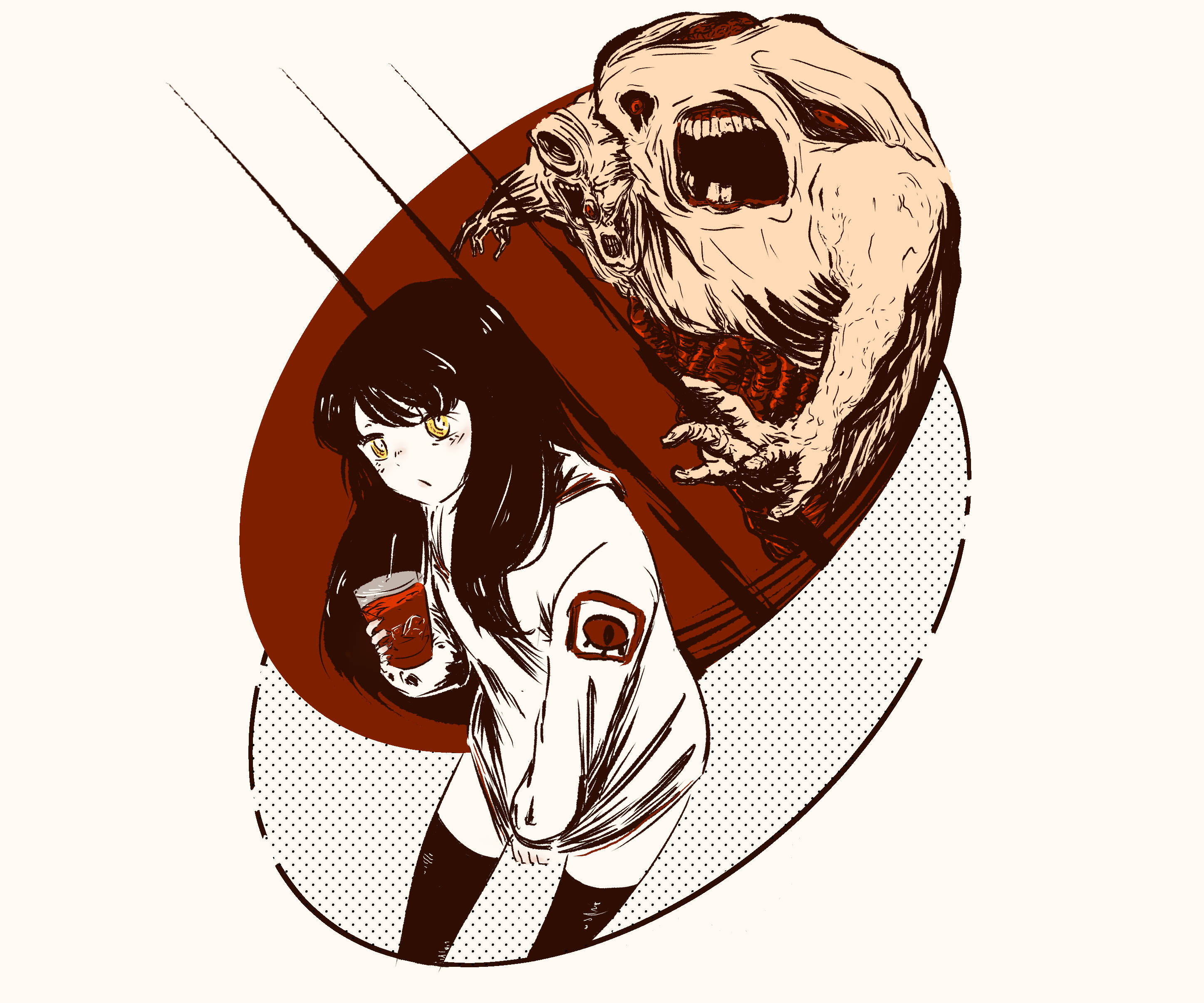 《Mieruko Chan》Miko Yotsuya可愛數位藝術，背後怪獸潛伏 壁紙 — 一個黃眼睛的小女孩拿著一個罐頭，而一個怪誕尖叫的怪物在她身後以風格化的漫畫框架中若隱若現。
