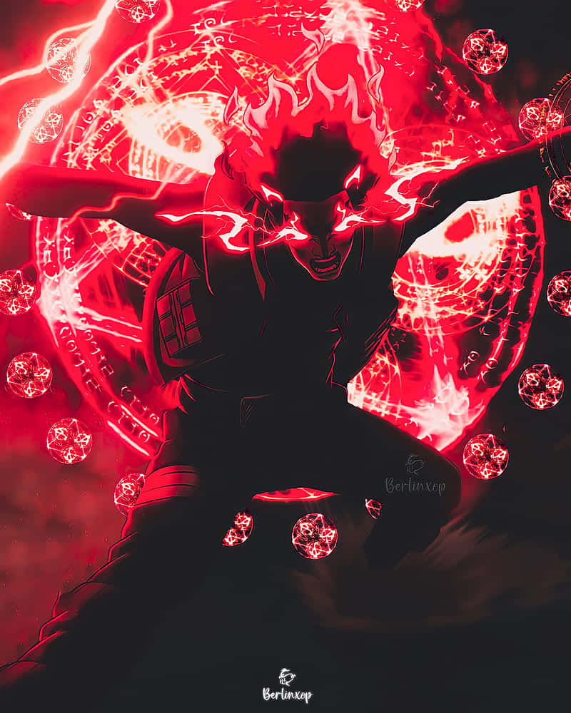 Might Guy 實現忍者夢想 壁紙 — 一個黑暗剪影的人物，擁有發光的紅色眼睛和周圍噼啪作響的能量，被漂浮的紅色幾何球體和神秘符號包圍。