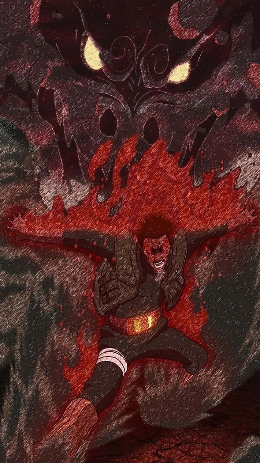 動漫角色使用紅色查克拉與惡魔實體戰鬥。