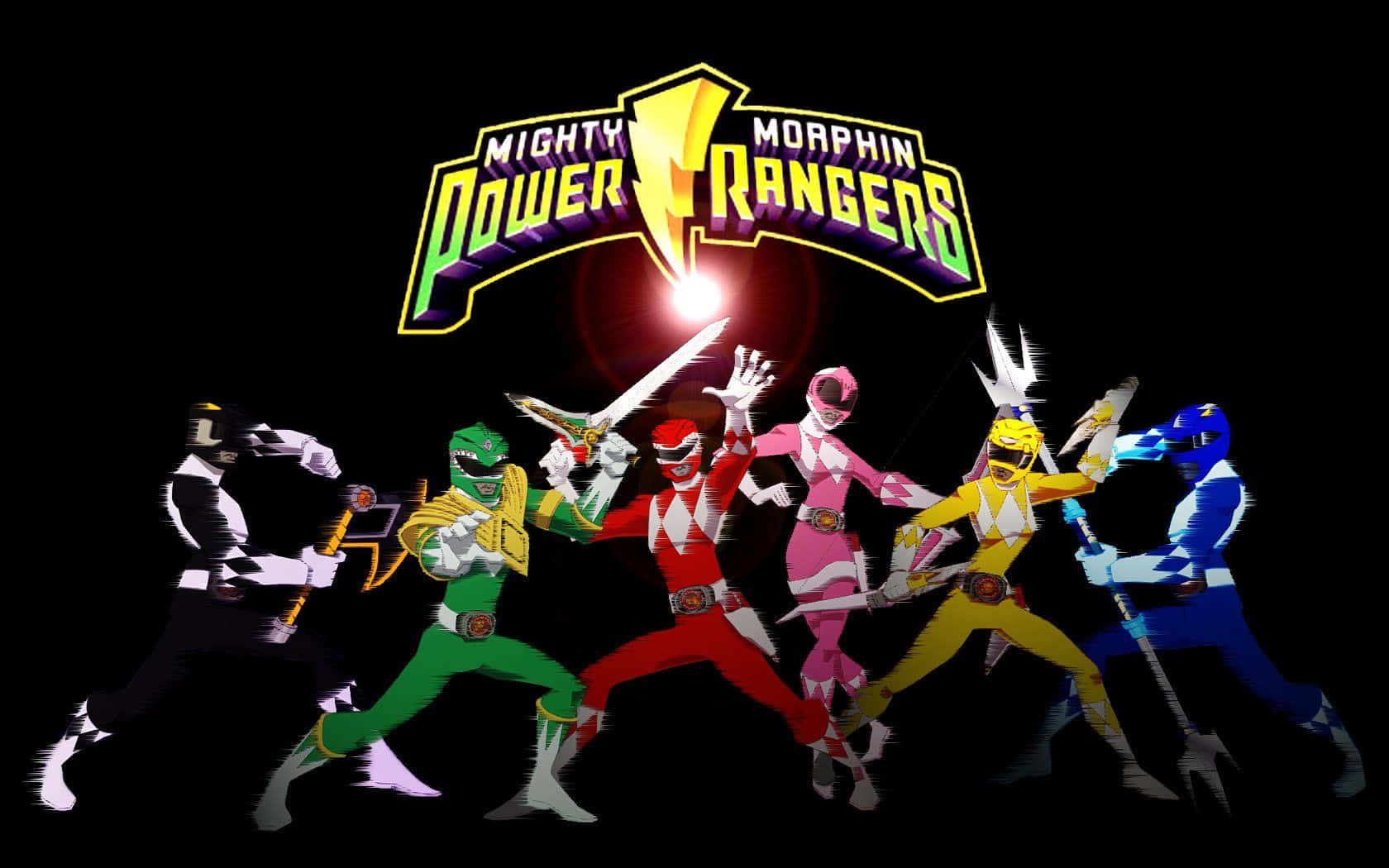 Power Rangers 桌布 壁紙 — Mighty Morphin Power Rangers 在黑色背景上發光標誌下擺出動態戰鬥姿勢。