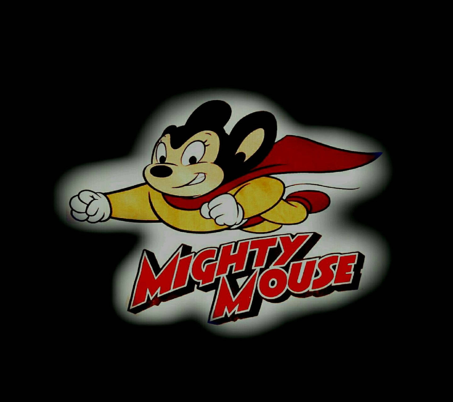 Mighty Mouse 超級英雄標誌 壁紙 — 一隻經典卡通超級英雄老鼠，身穿黃色套裝和紅色斗篷，在黑暗背景上動態飛行，邊緣發光。