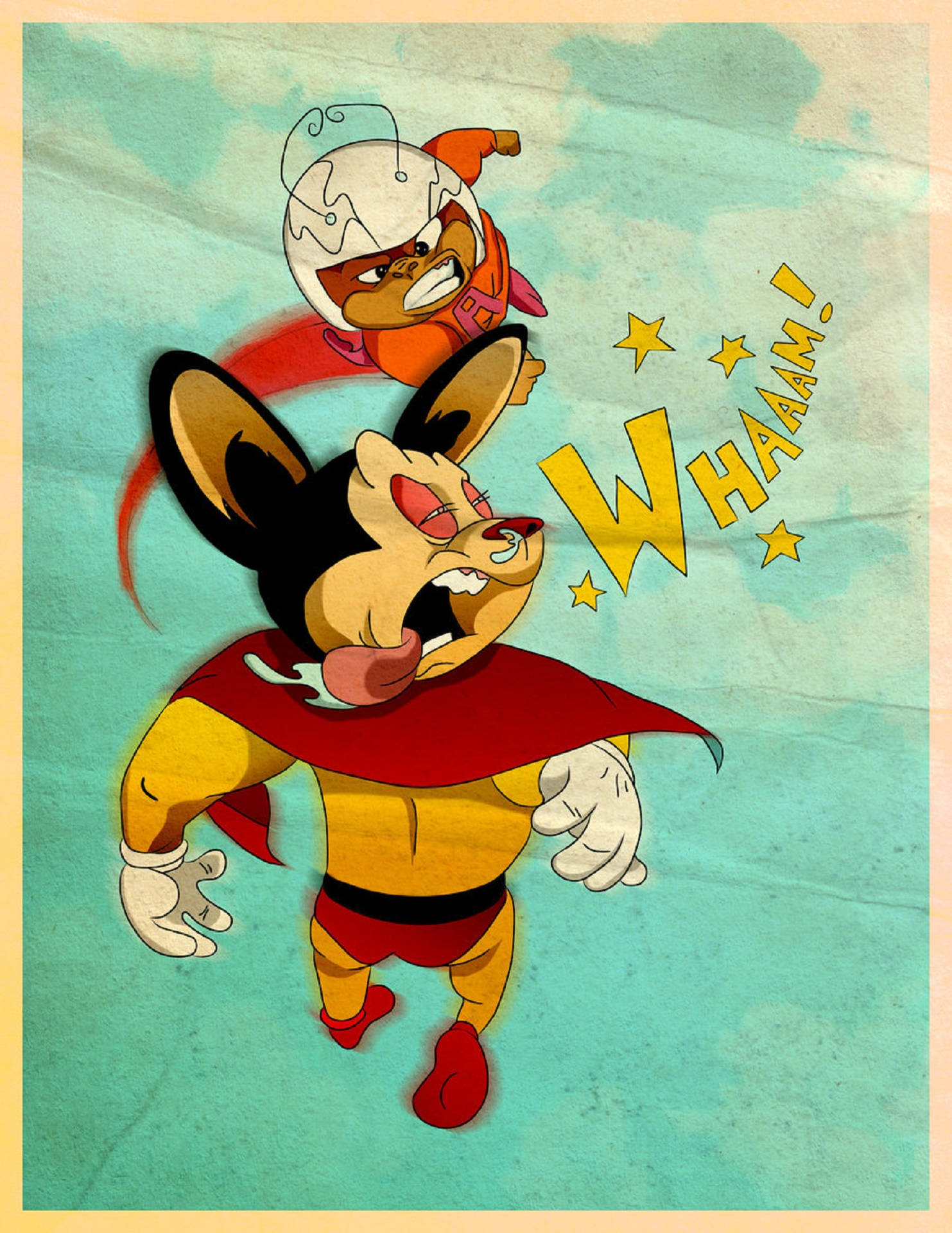 Mighty Mouse 對決 Atom Ant 壁紙 — 一隻穿著紅色斗篷和黃色套裝的卡通老鼠超級英雄向上出拳，而一個戴頭盔的小反派向後飛，伴隨著「WHAAAM！」星星。