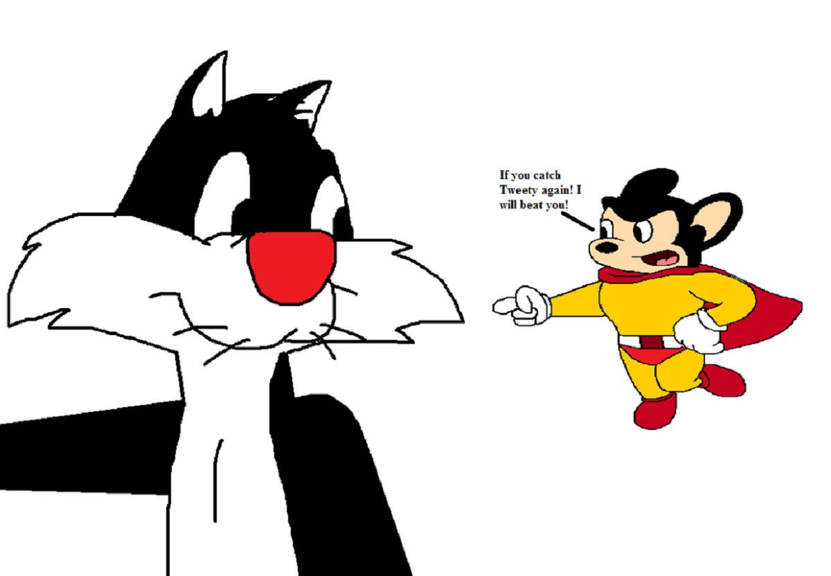Mighty Mouse 對決 Sylvester 藝術 壁紙 — 一隻紅鼻子的卡通貓在一個大膽的漫畫風格繪畫中對峙一隻超級英雄老鼠。