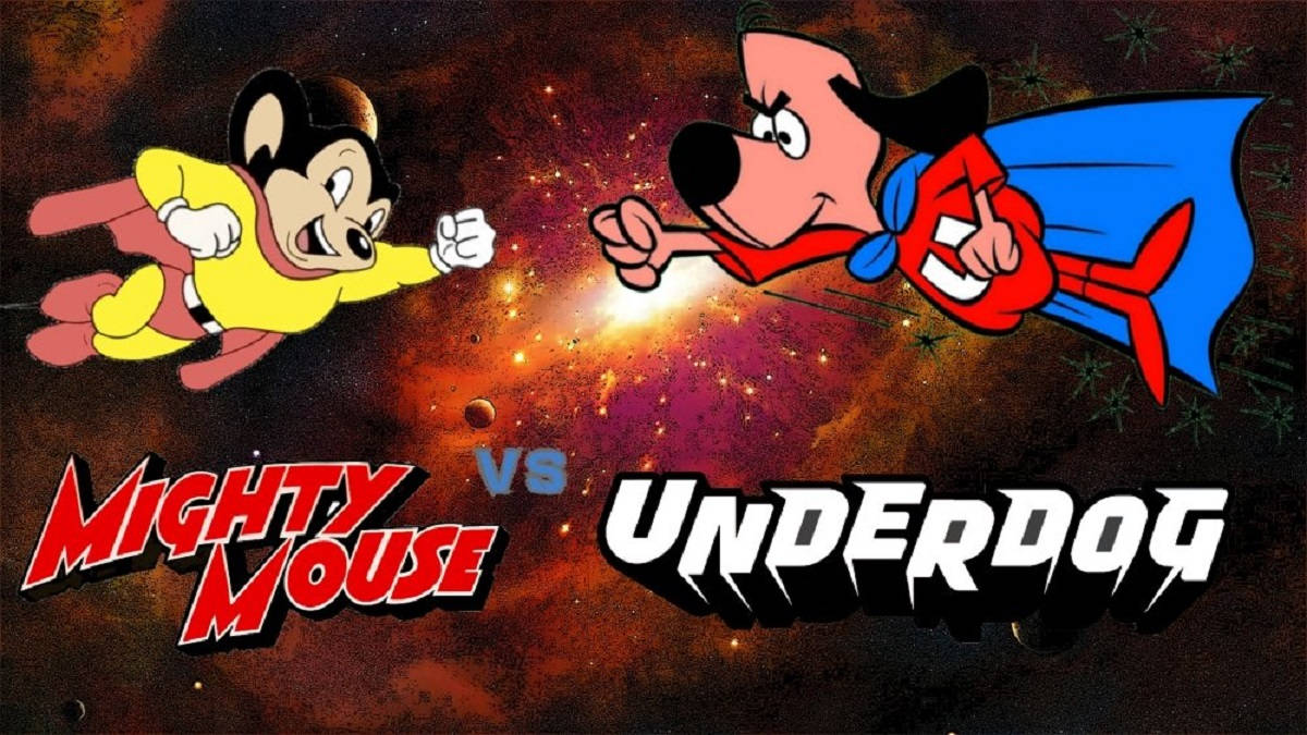 Mighty Mouse 對決 Underdog 藝術 壁紙 — Mighty Mouse 與 Underdog 在宇宙戰鬥中互相飛向對方，背景是熾熱的星雲。