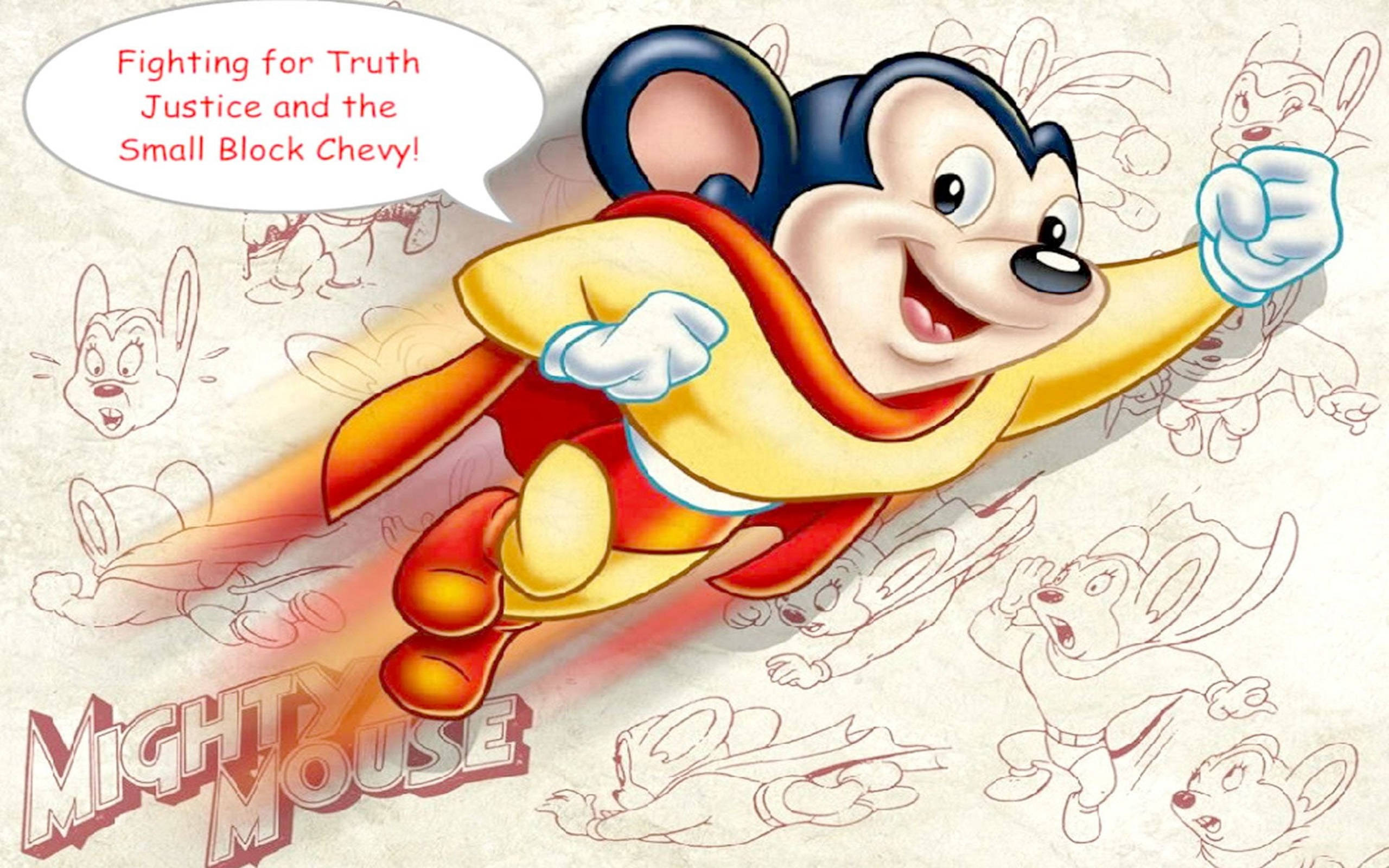 Mighty Mouse 為真理而戰 壁紙 — Mighty Mouse 身穿黃紅色服裝，以他的角色鉛筆草圖為背景，英勇地飛翔。