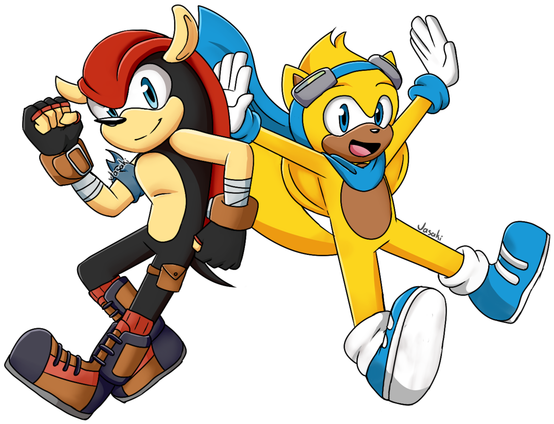 動畫索尼克角色Mighty Ray同人圖 壁紙 — 兩個快樂的擬人化角色以動態奔跑姿勢呈現，帶有粗線條和鮮豔色彩，背景為黑色。