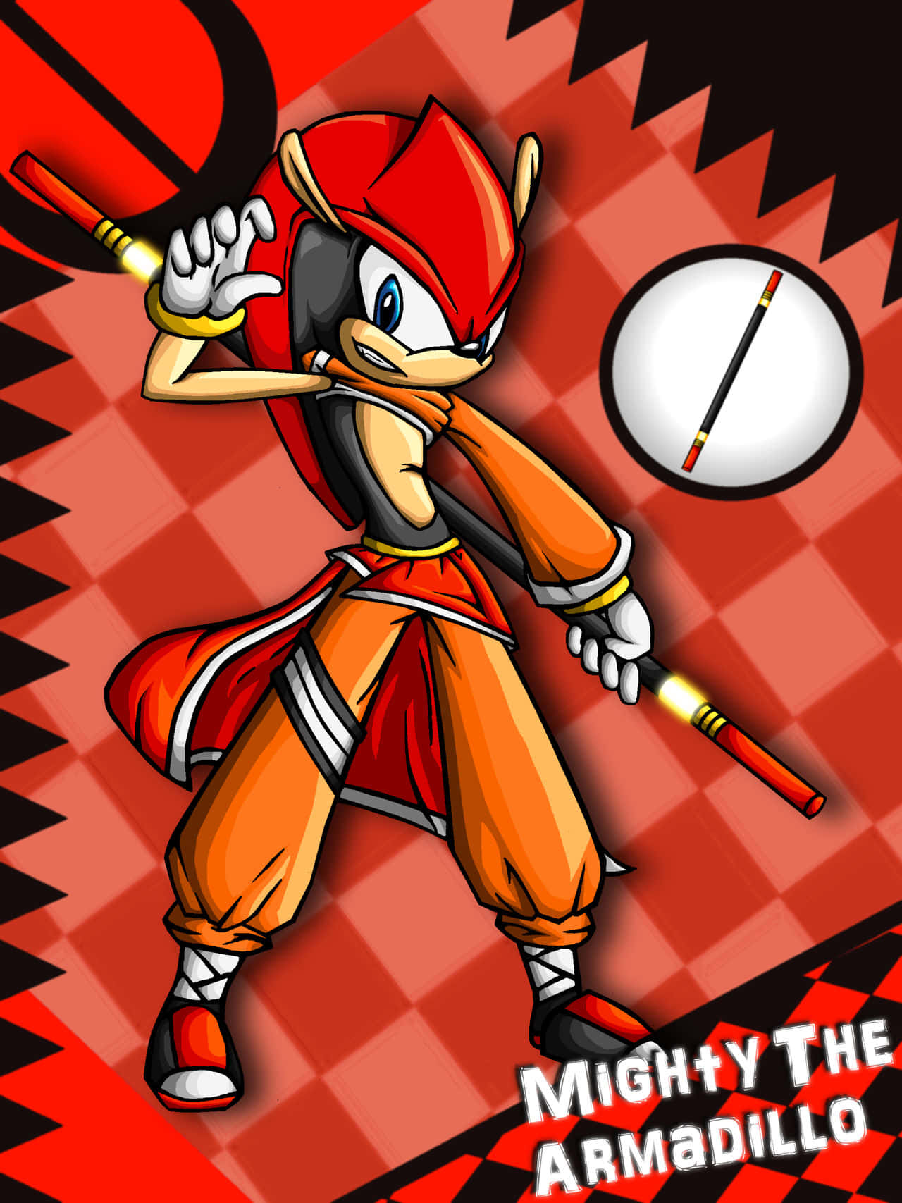 Mighty The Armadillo 桌布 壁紙 — Mighty the Armadillo 在紅黑格子背景中動態站立，手持發光法杖，表情堅定。
