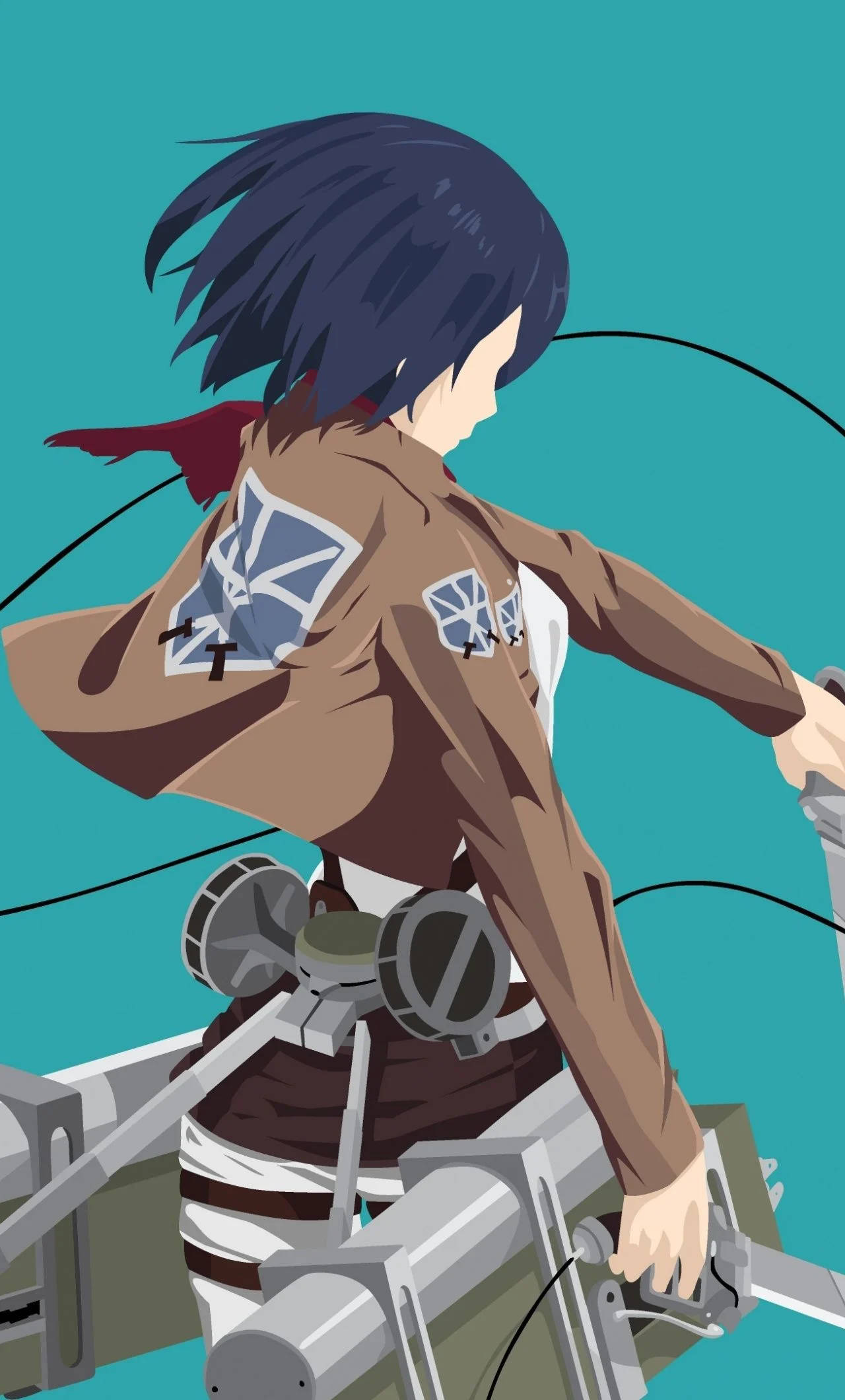 Mikasa Ackerman 4K 動畫手機壁紙 壁紙 — 身穿棕色外套和裝備的動漫角色，在青綠色背景前站在機械裝置上。