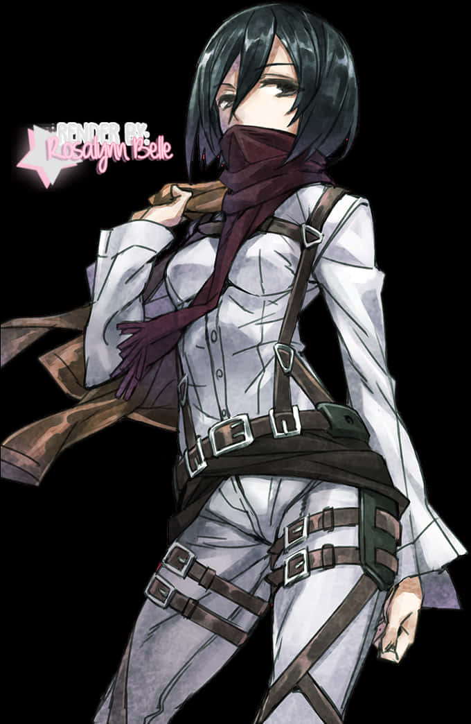 進擊的巨人Mikasa Ackerman插畫 壁紙 — 一位黑髮動漫女孩，身穿白色制服，配有棕色肩帶和栗色圍巾，自信地站在黑色背景前。