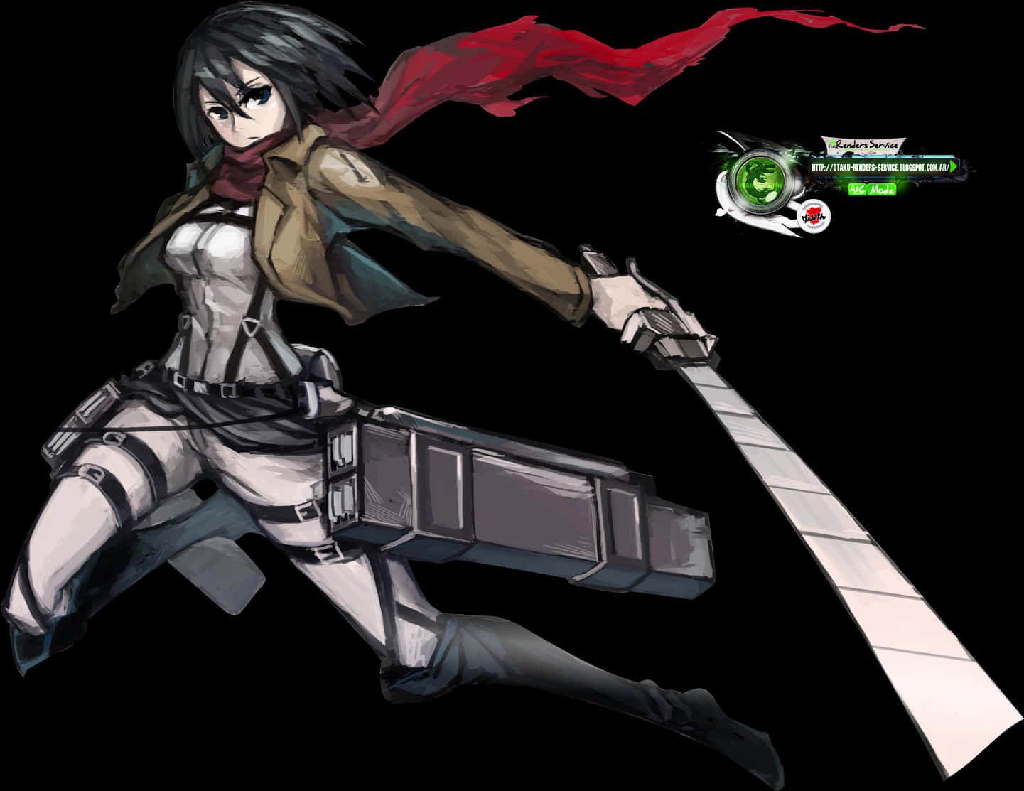 進擊的巨人Mikasa Ackerman插畫 壁紙 — 一個充滿動感的動漫女孩，戴著紅色圍巾和裝備，在黑色背景上揮舞著一把巨大的劍。