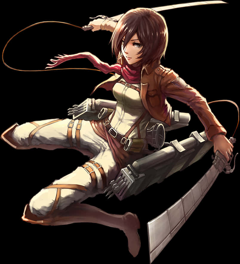 Mikasa Ackerman 攻殼機動隊動作姿勢 壁紙 — 一個動態動漫女孩身穿戰鬥裝備，在黑色背景前騰空躍起，揮舞著巨劍和繩索。