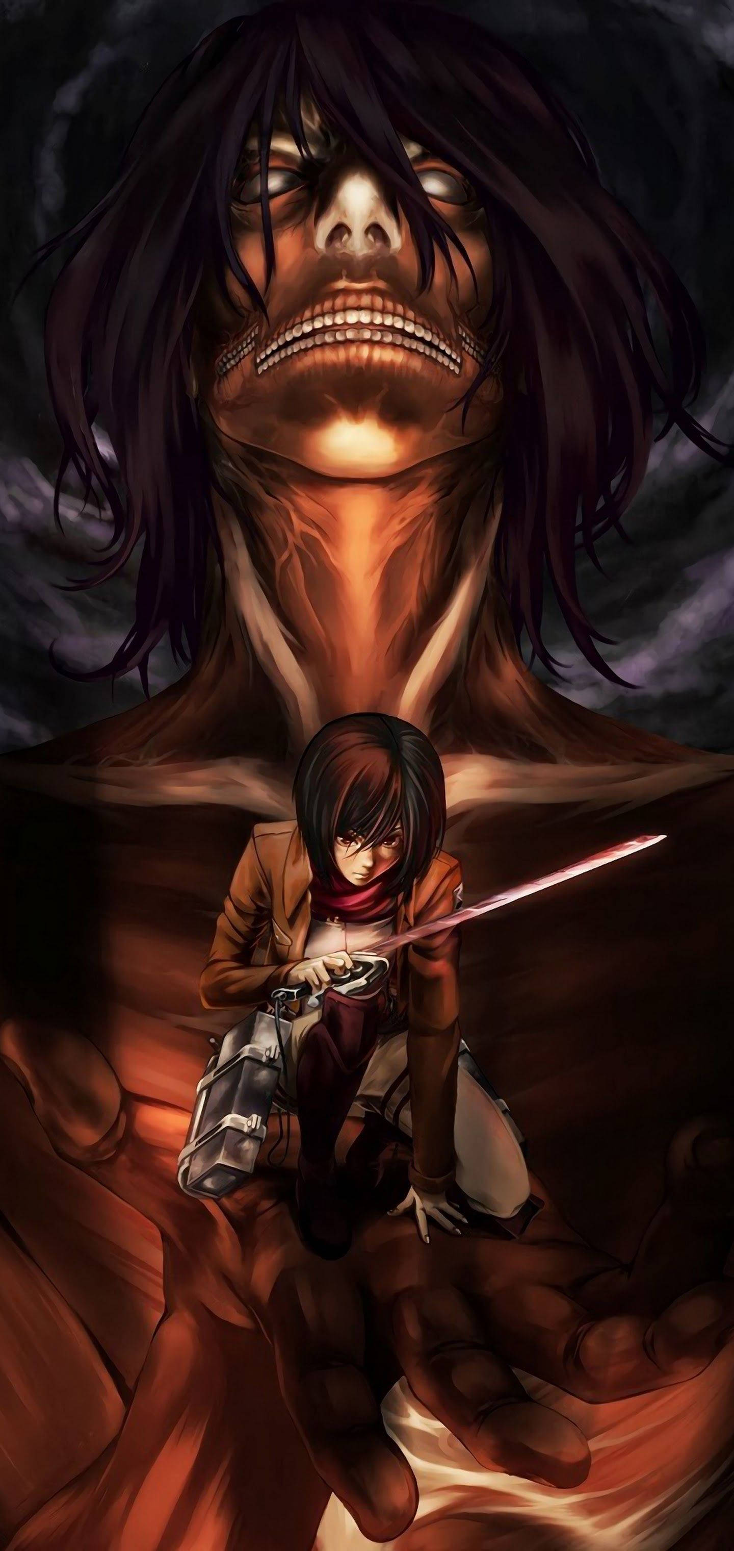 Mikasa 進擊的巨人 iPhone 背景 壁紙 — 一個堅定的動漫女孩揮舞著發光的劍，挑釁地站在一個高聳、威脅性的、眼睛發光的巨人面前。