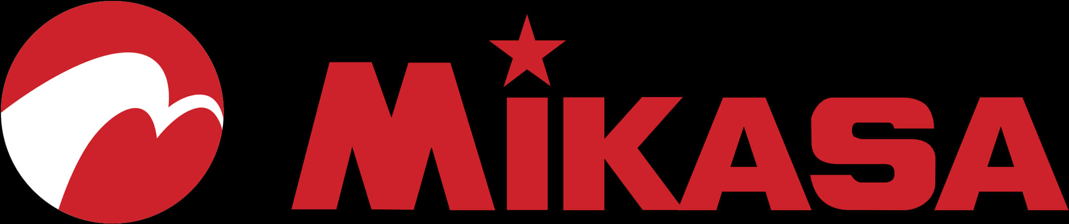 Mikasa 體育品牌標誌 壁紙 — 黑色背景上帶有白色旋風和星星的醒目紅色 Mikasa 標誌。