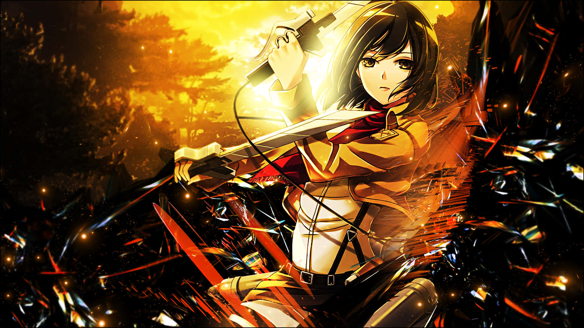Mikasa 冷靜表情頭像 壁紙 — 一個堅定的動漫女孩穿著軍裝，在熾熱的夕陽天空下，在燃燒的碎片中揮舞著劍。